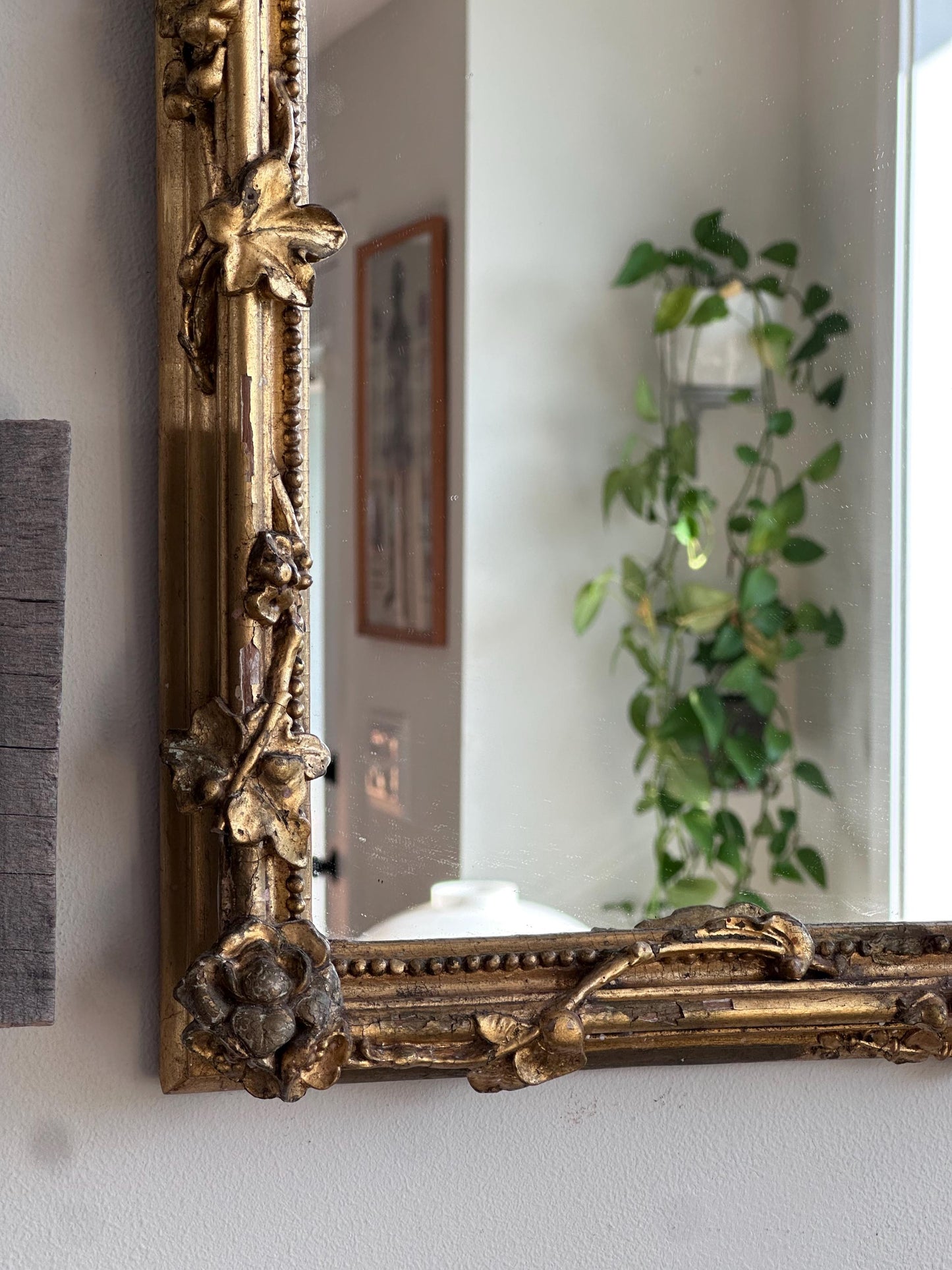 Antique Ornate Gilt Wood Mirror – Floral Carved Frame, Arched Top – French/Italian Design