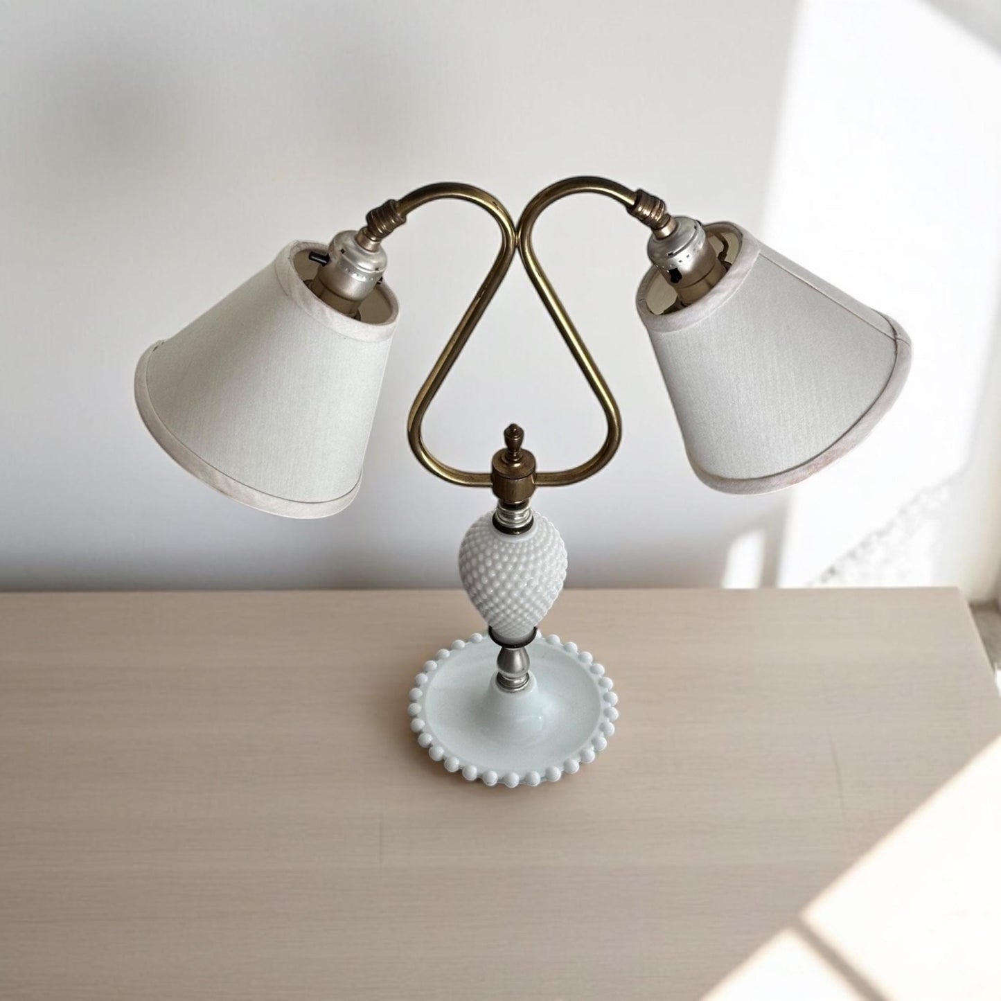 Vintage Hobnail Milk Glass Double-Arm Adjustable Lamp with Brass Accents – Dual Light, Working Condition