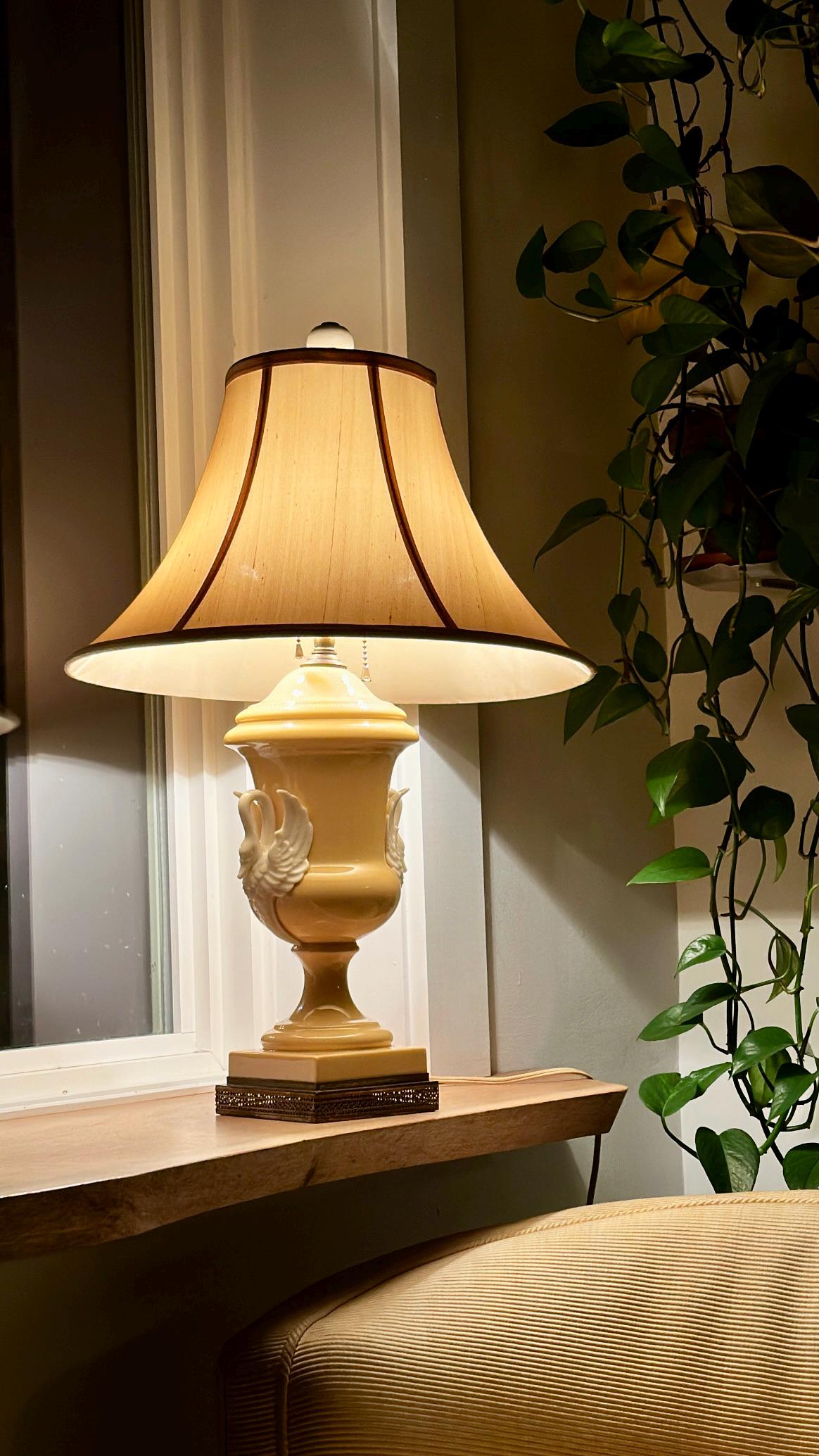 Antique French Porcelain Swan Handle Lamp – Pale Yellow Urn Table Lamp with Shade & Ornate Brass Base
