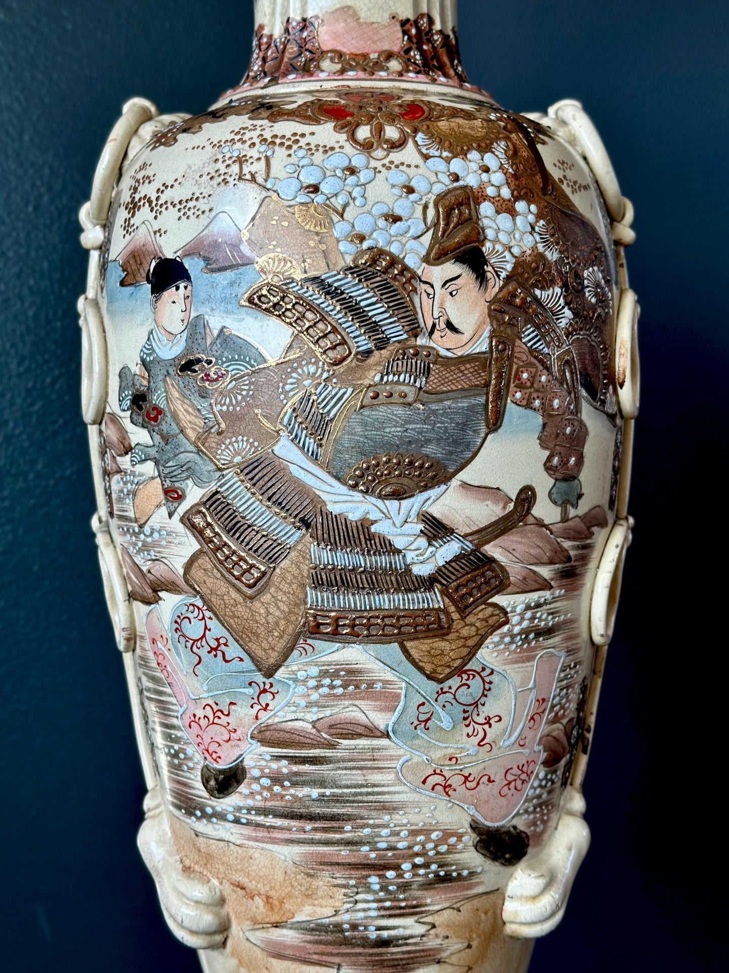Antique Japanese Satsuma-Style Samurai Vase Lamp – Hand-Painted, Moriage Detailing