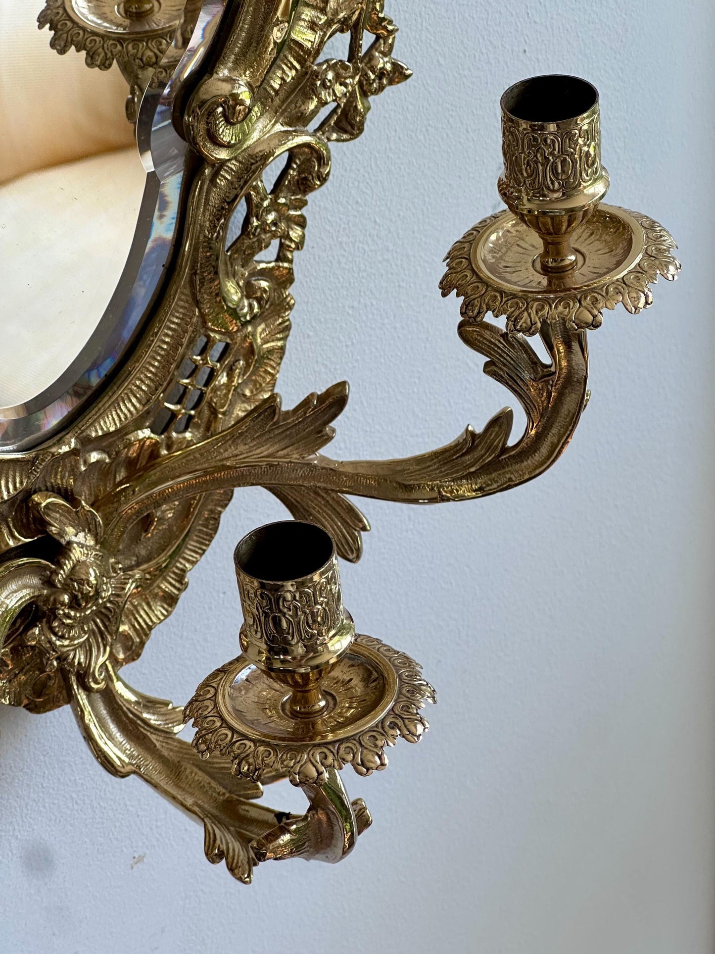 Pair of Vintage Ornate Gilded Brass Wall Sconces with Beveled Mirrors and Candle Holders – Rococo Hollywood Regency Style
