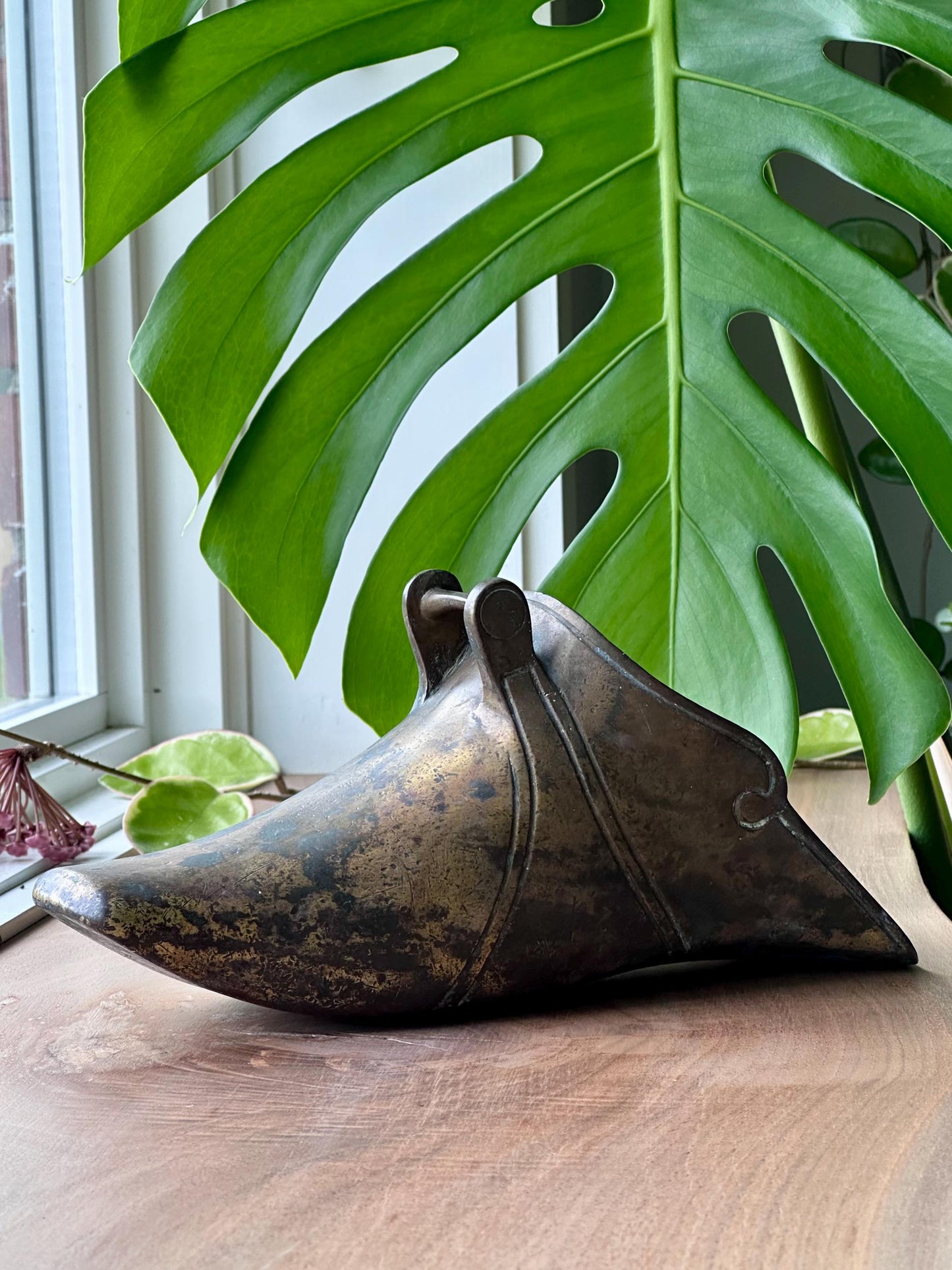 Antique Brass Conquistador Stirrup Wall Pocket – Heavily Patinated