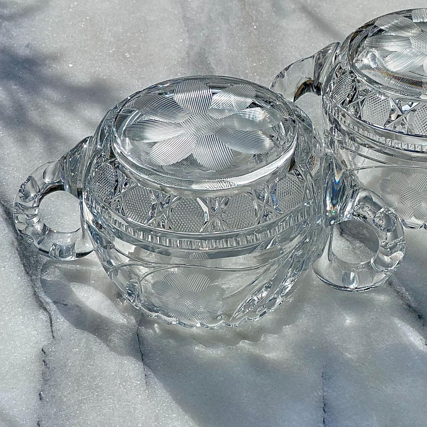 antique crystal creamer sugar bowl set american brilliant period floral cut pattern with starburst base – vintage antique home decor from Mid Hudson Vintage