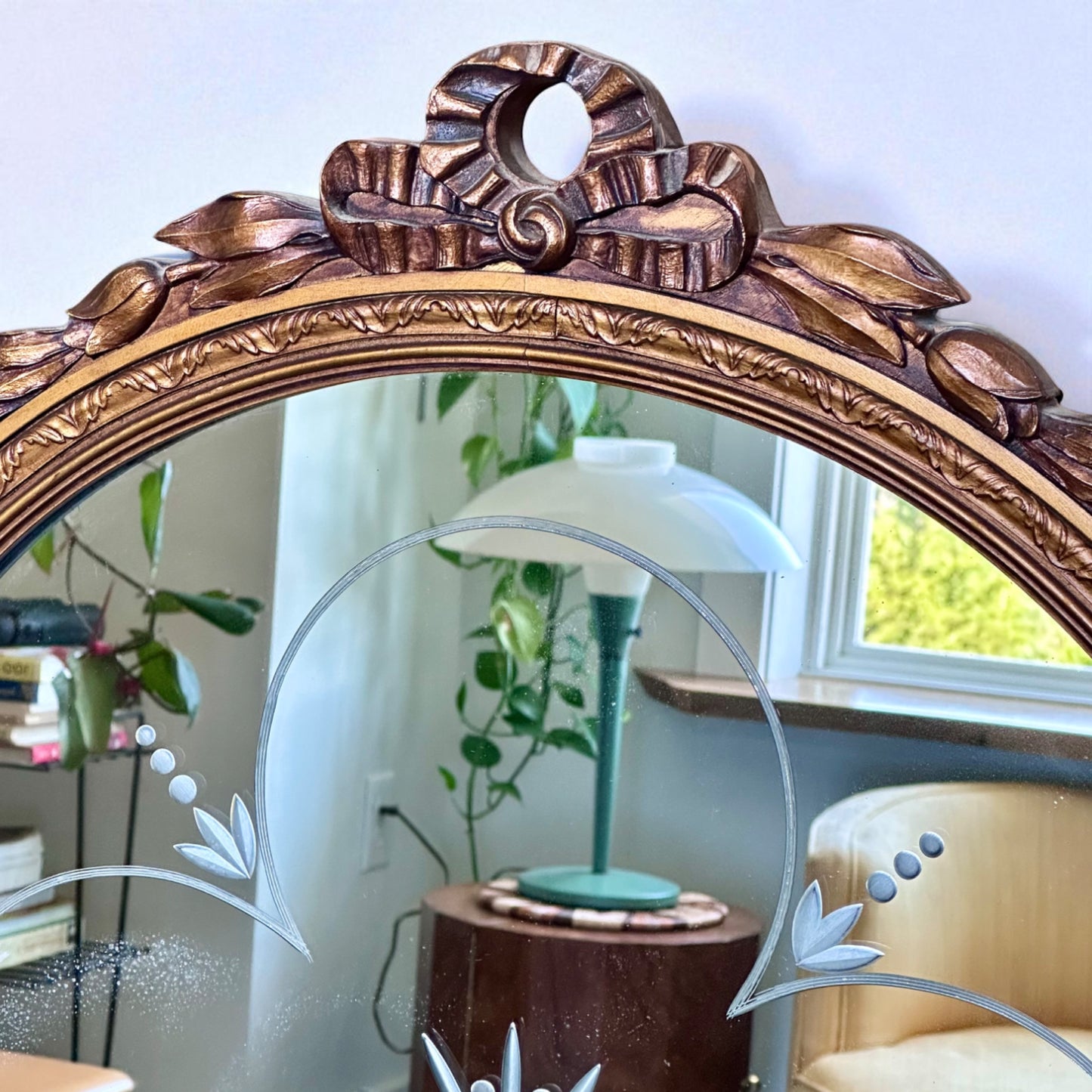 antique etched glass mirror with ornate frame – vintage antique home decor from Mid Hudson Vintage