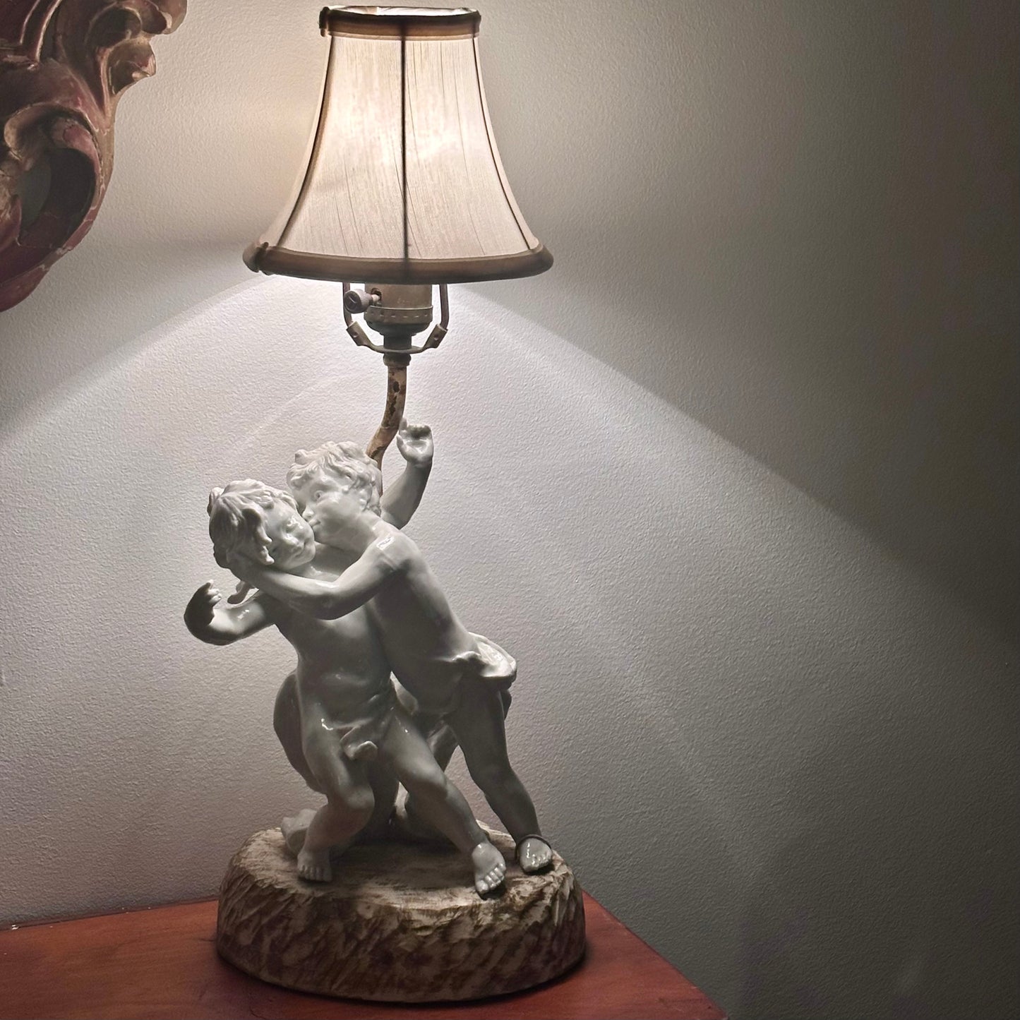 Vintage Porcelain Cherub Table Lamp with Fabric Shade | Romantic European Style
