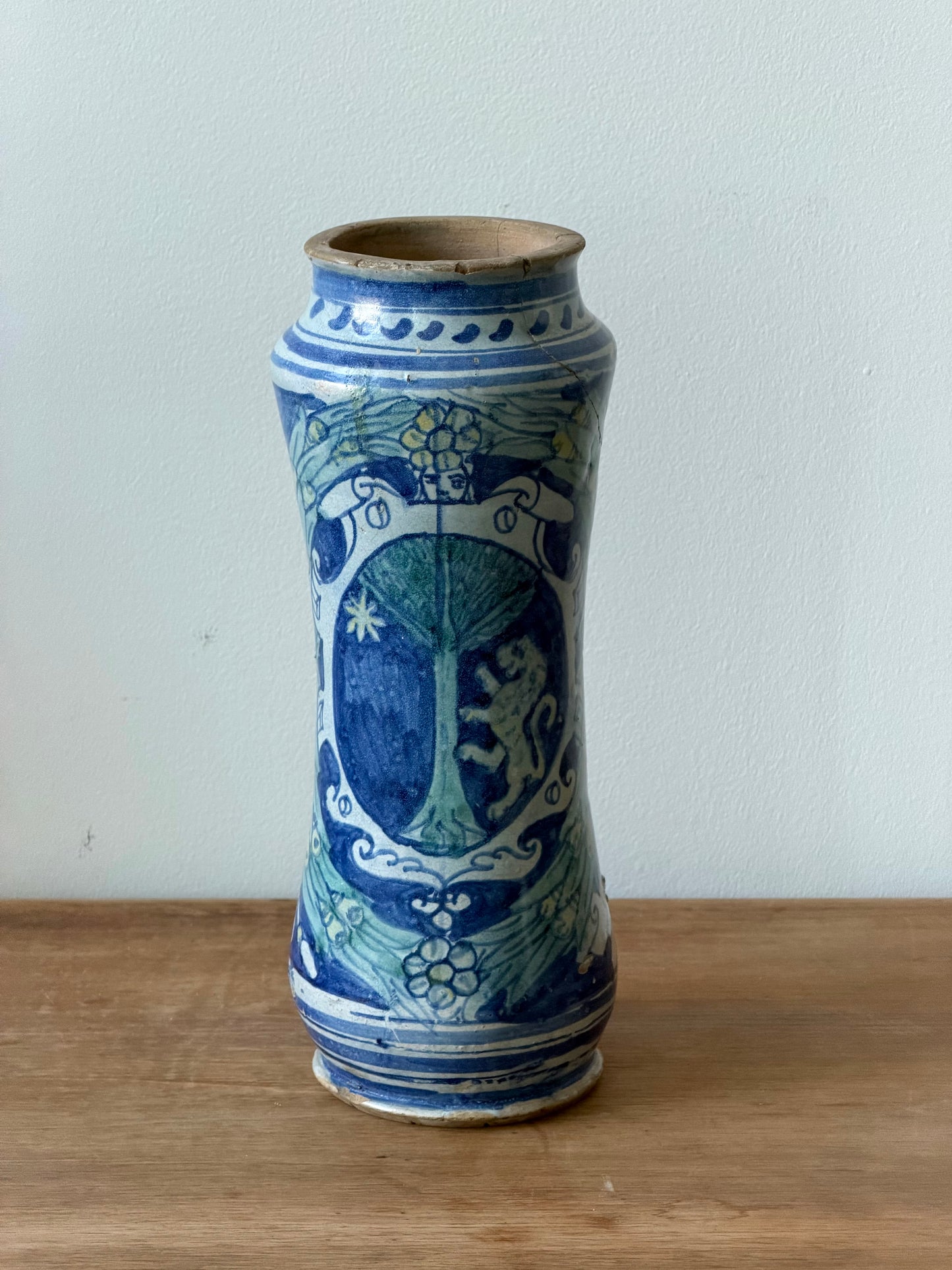 Antique Blue & White Hand Painted Ceramic Vase, Italian Majolica Style, Decorative Pottery Vessel