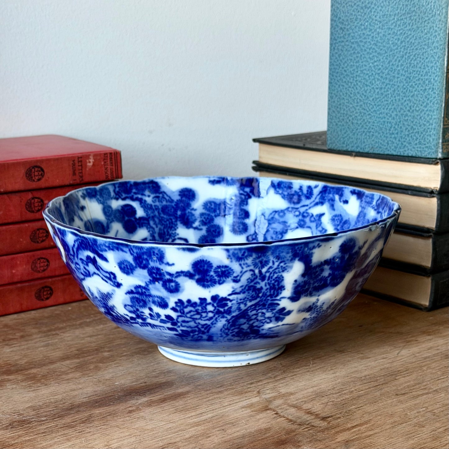 Antique Japanese Blue & White Porcelain Bowl, Meiji Style with Scalloped Rim