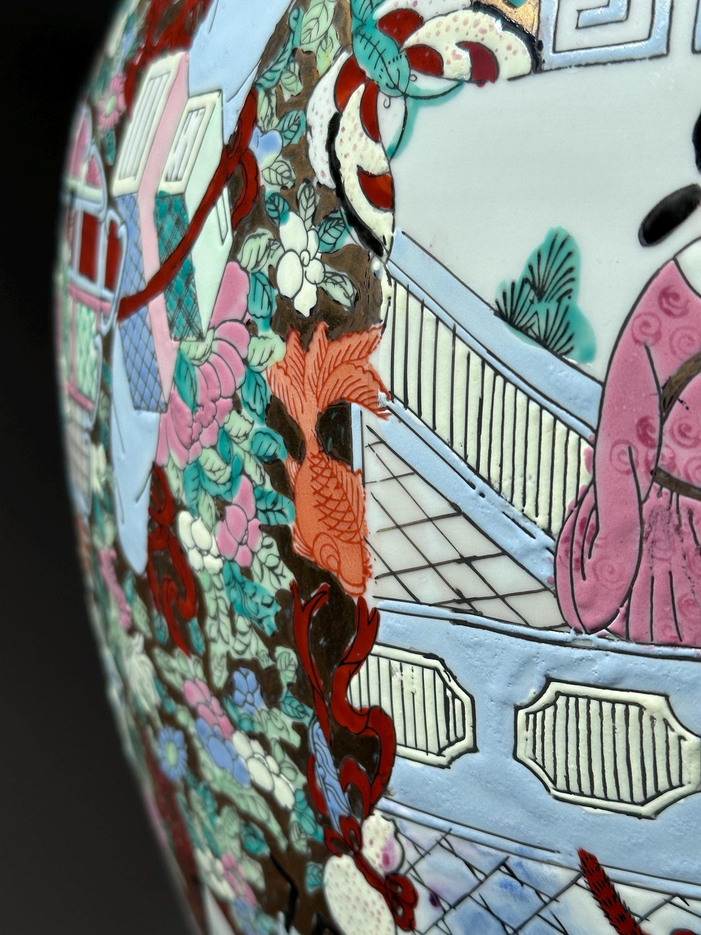 Large Hand-Painted Chinese Fishbowl Planter with Stand – Famille Rose Style