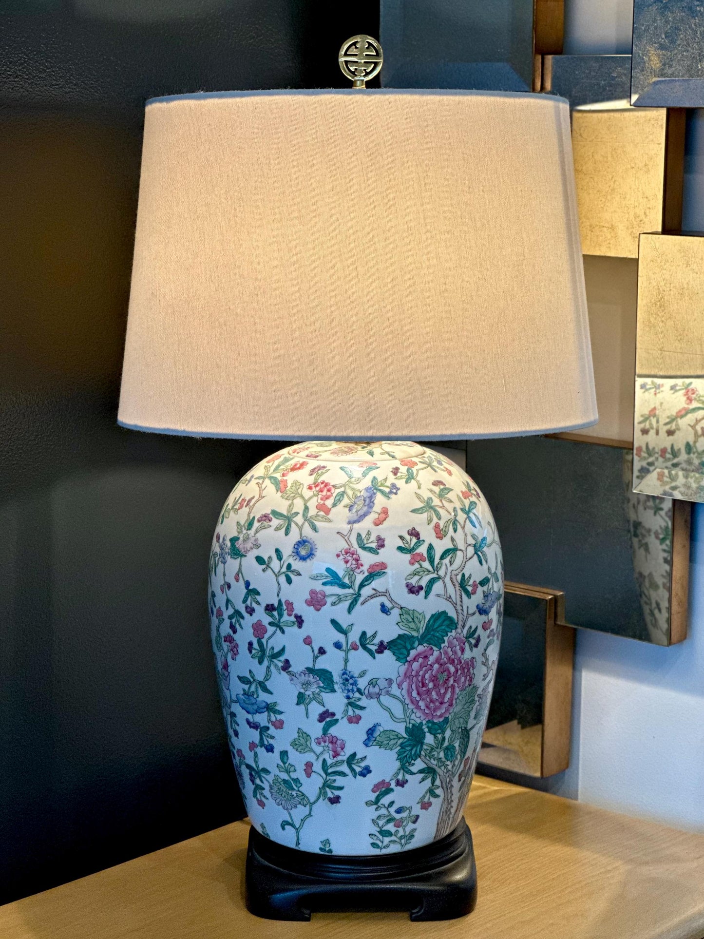 Mid-Century Famille Rose Style Chinoiserie Porcelain Lamp