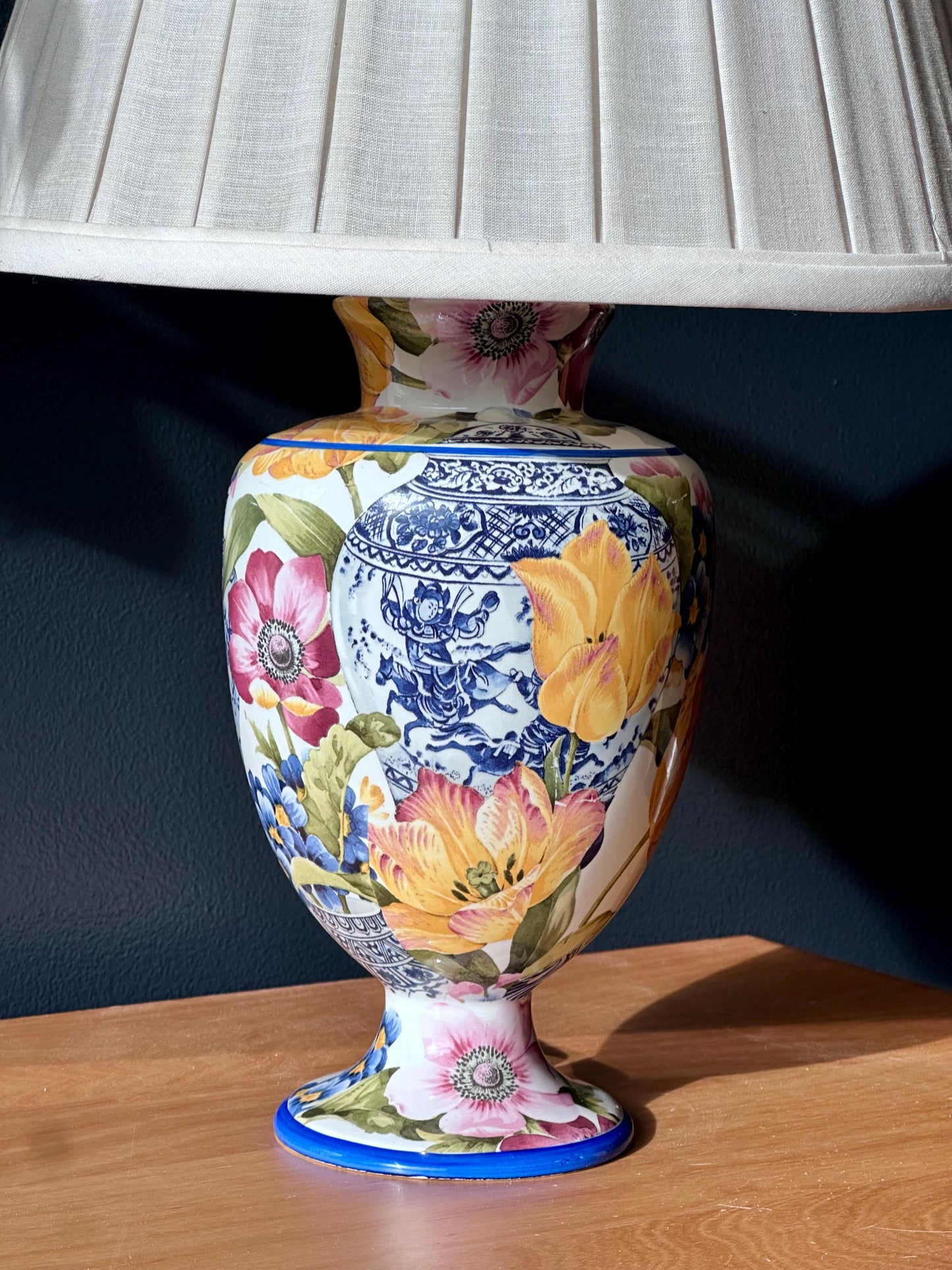 vintage italian floral ceramic table lamp with gracious home shade – vintage antique home decor from Mid Hudson Vintage
