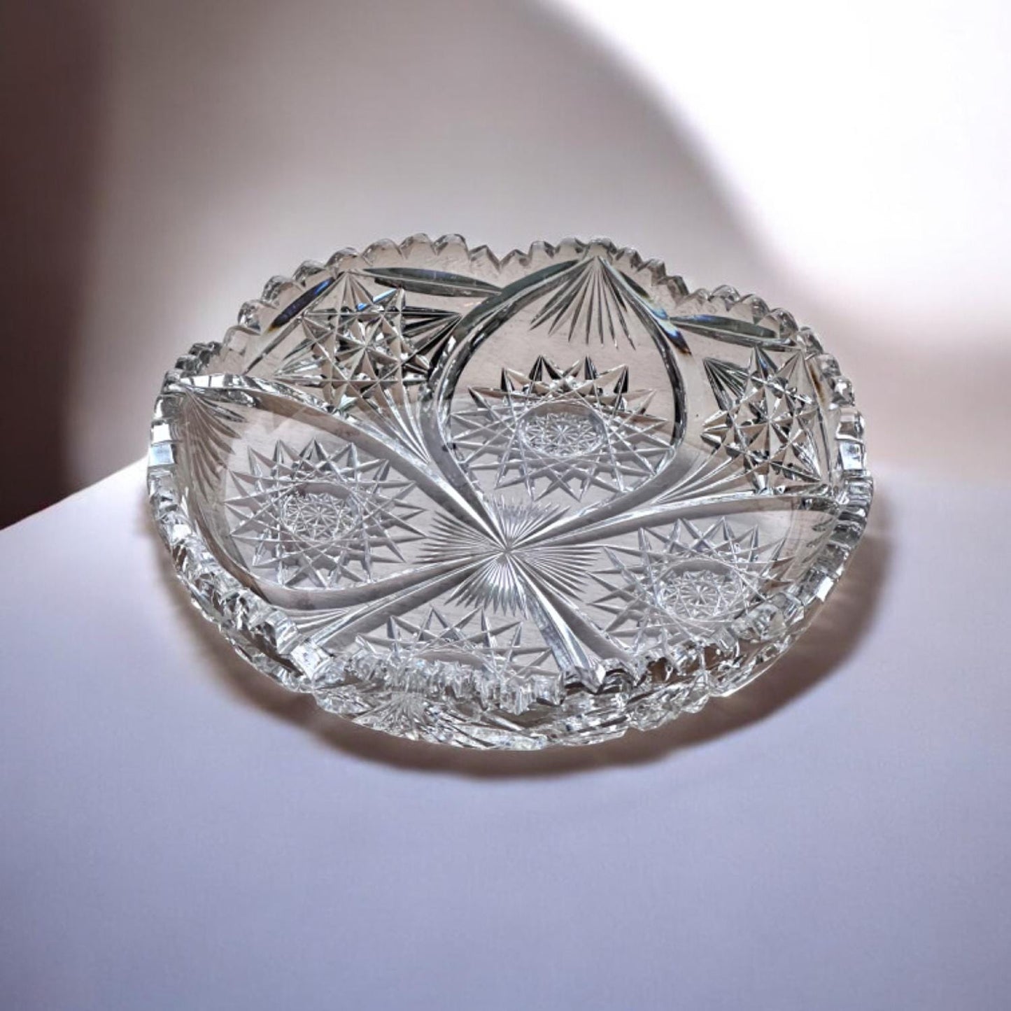 Antique American Brilliant Period Cut Glass Crystal Shallow Bowl – Star & Fan