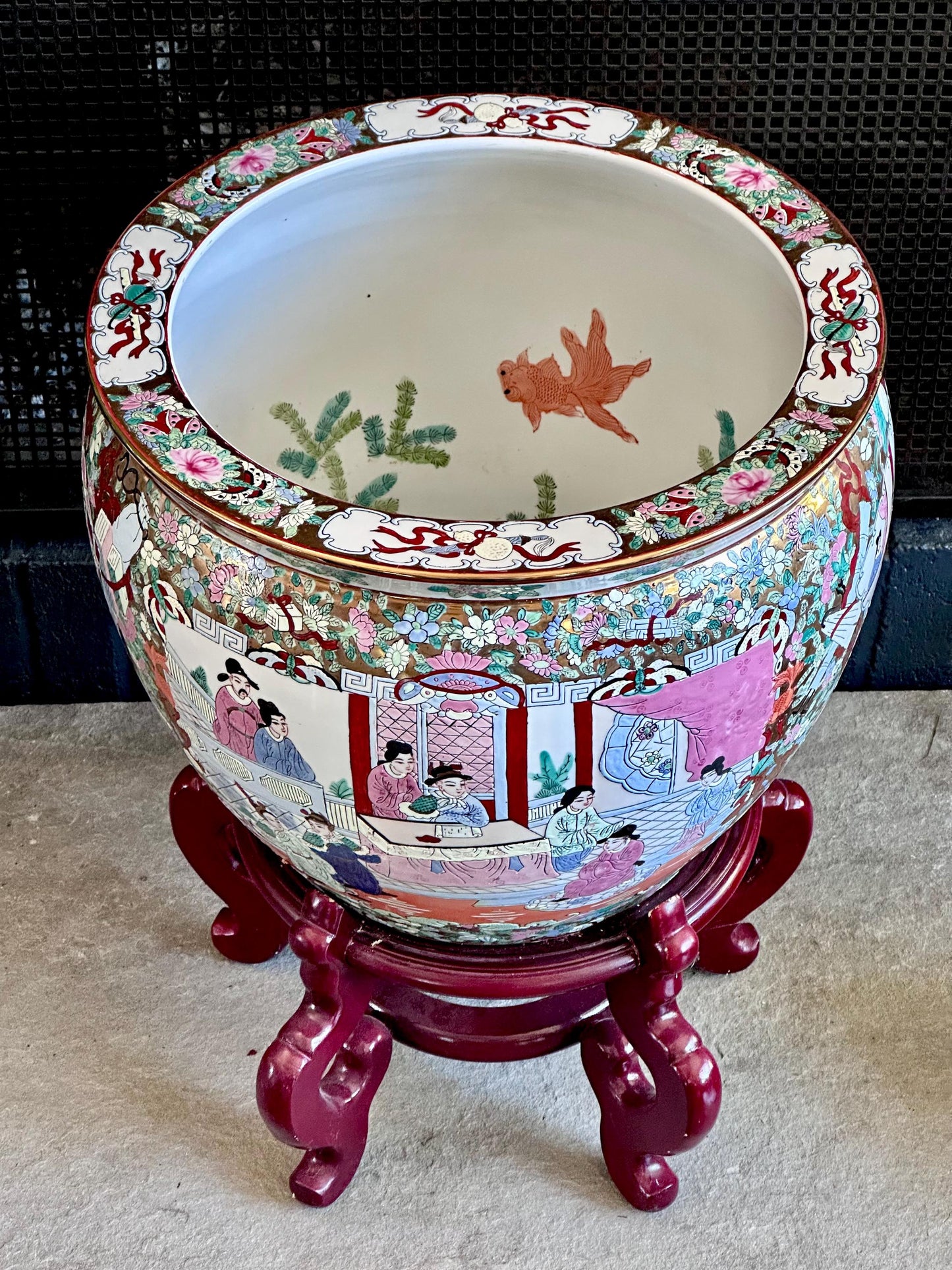 Large Hand-Painted Chinese Fishbowl Planter with Stand – Famille Rose Style