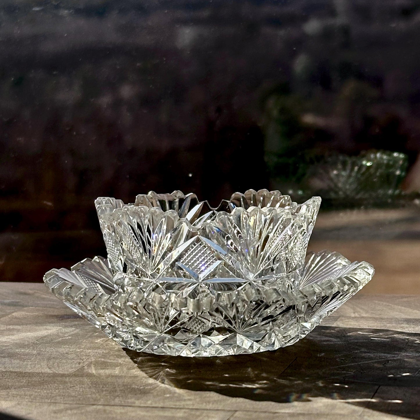 antique american brilliant period cut crystal bowl underplate set – vintage antique home decor from Mid Hudson Vintage
