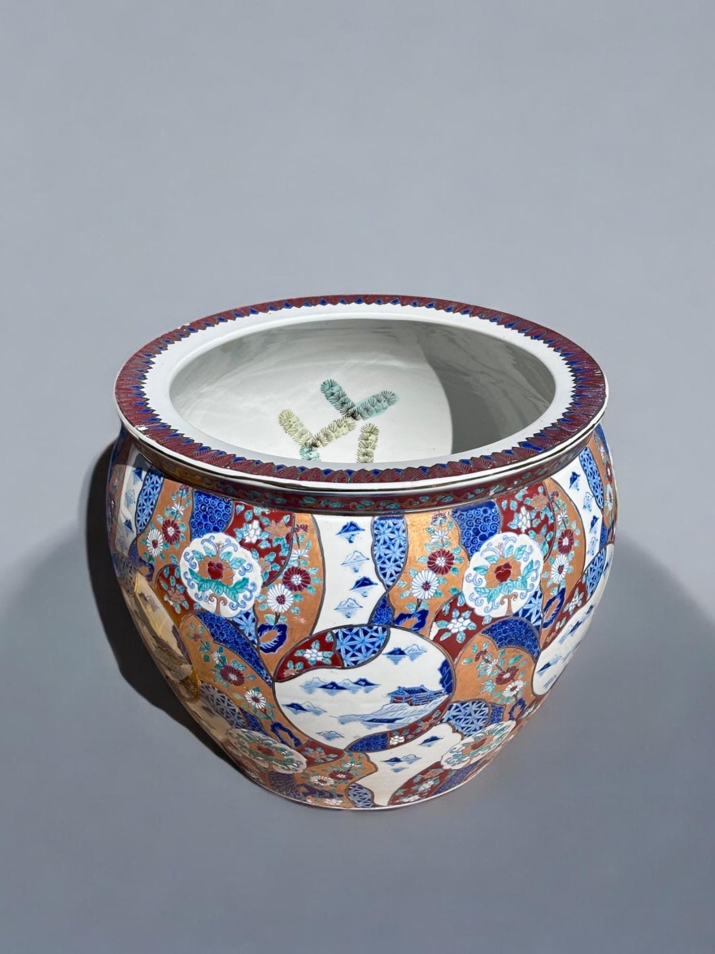 Large Vintage Imari Style Fishbowl Planter with Hand-Painted Koi & Floral Motifs – Includes Carved Wood Stand