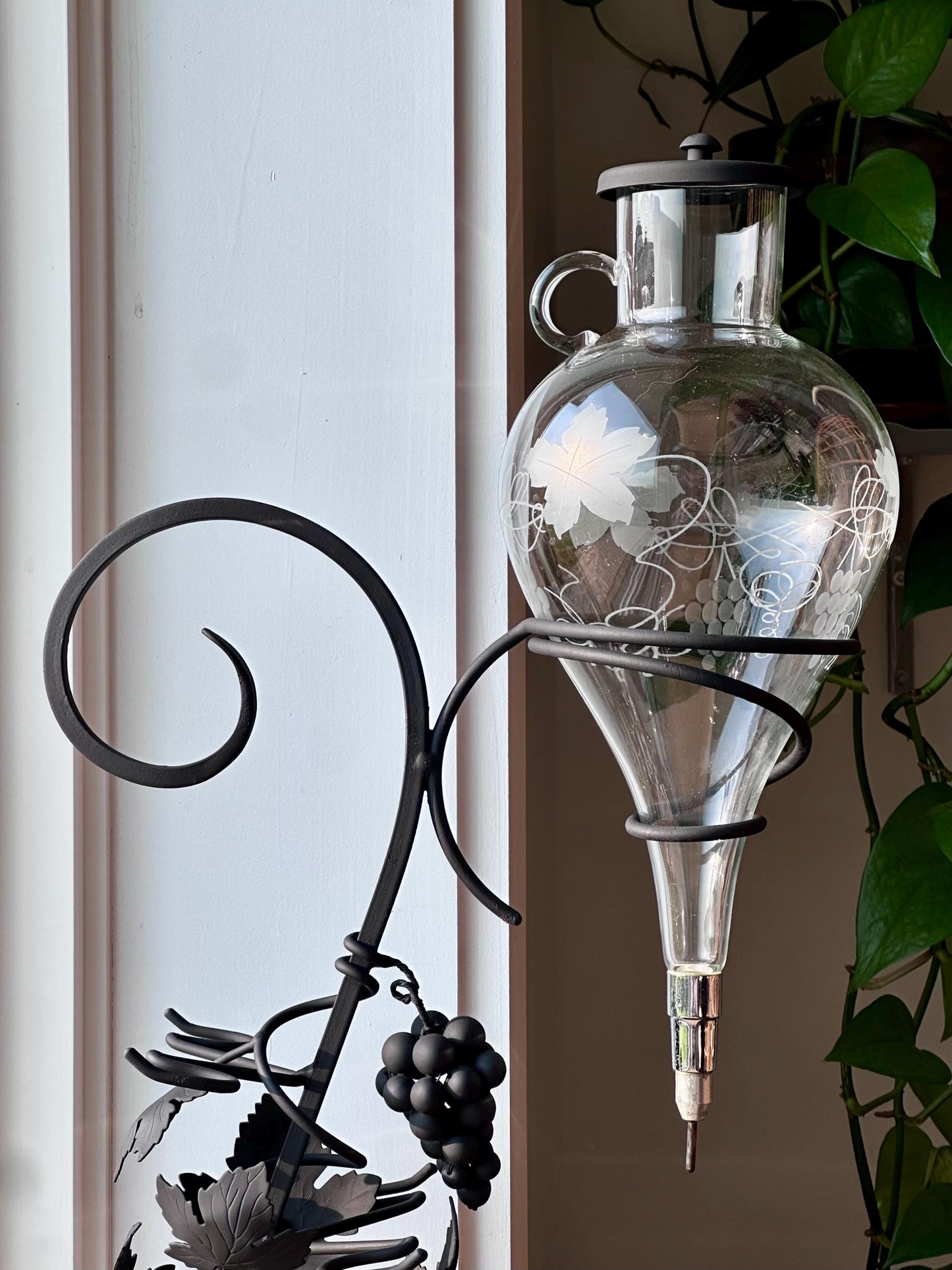Vintage Wrought Iron Austrian Wine Decanter Set with Etched Glass and Hanging Crystal Glasses | Rustic Wine Dispenser