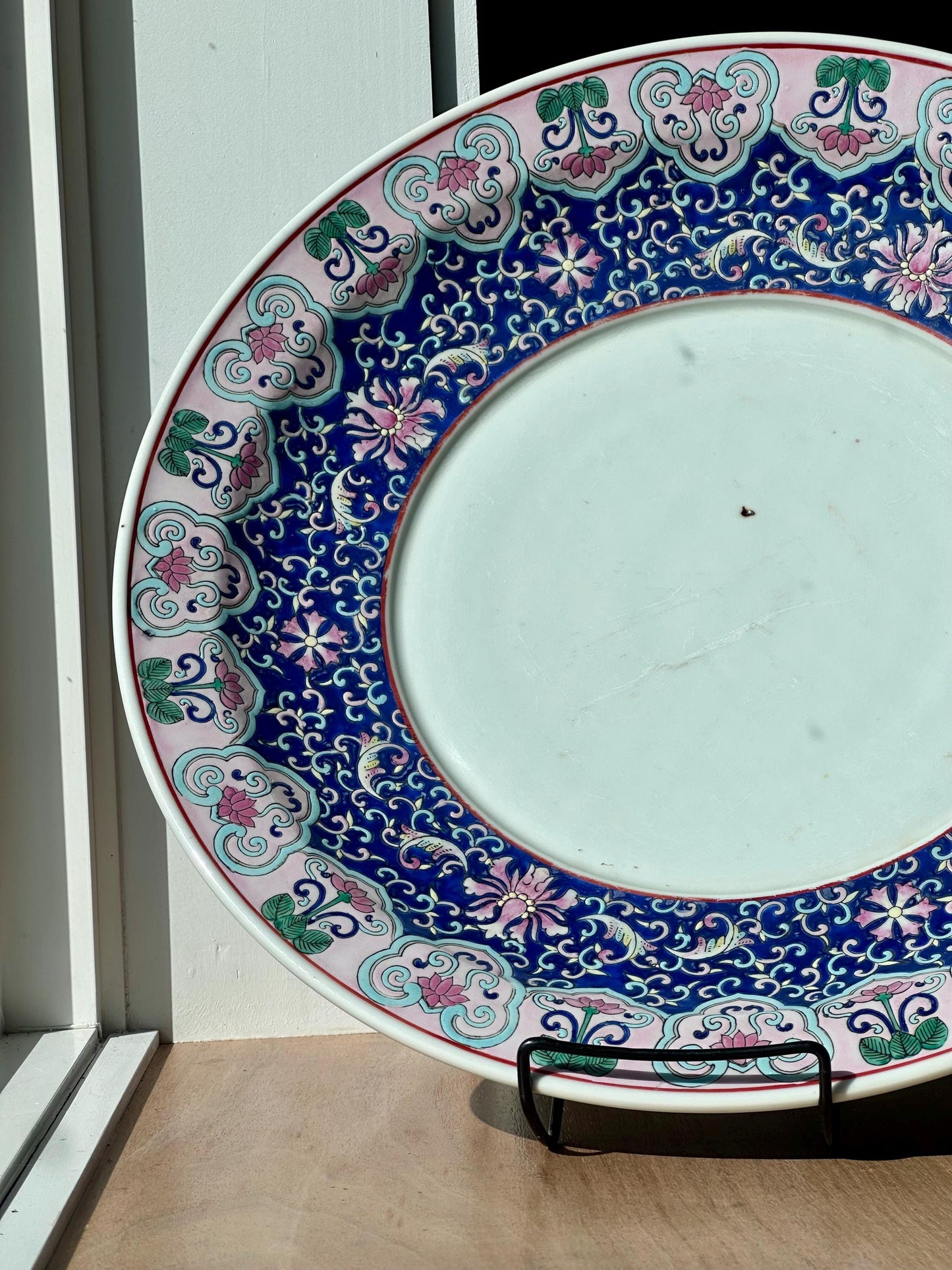 Large Famille Rose-Style Chinese Charger with Floral Lotus Motif
