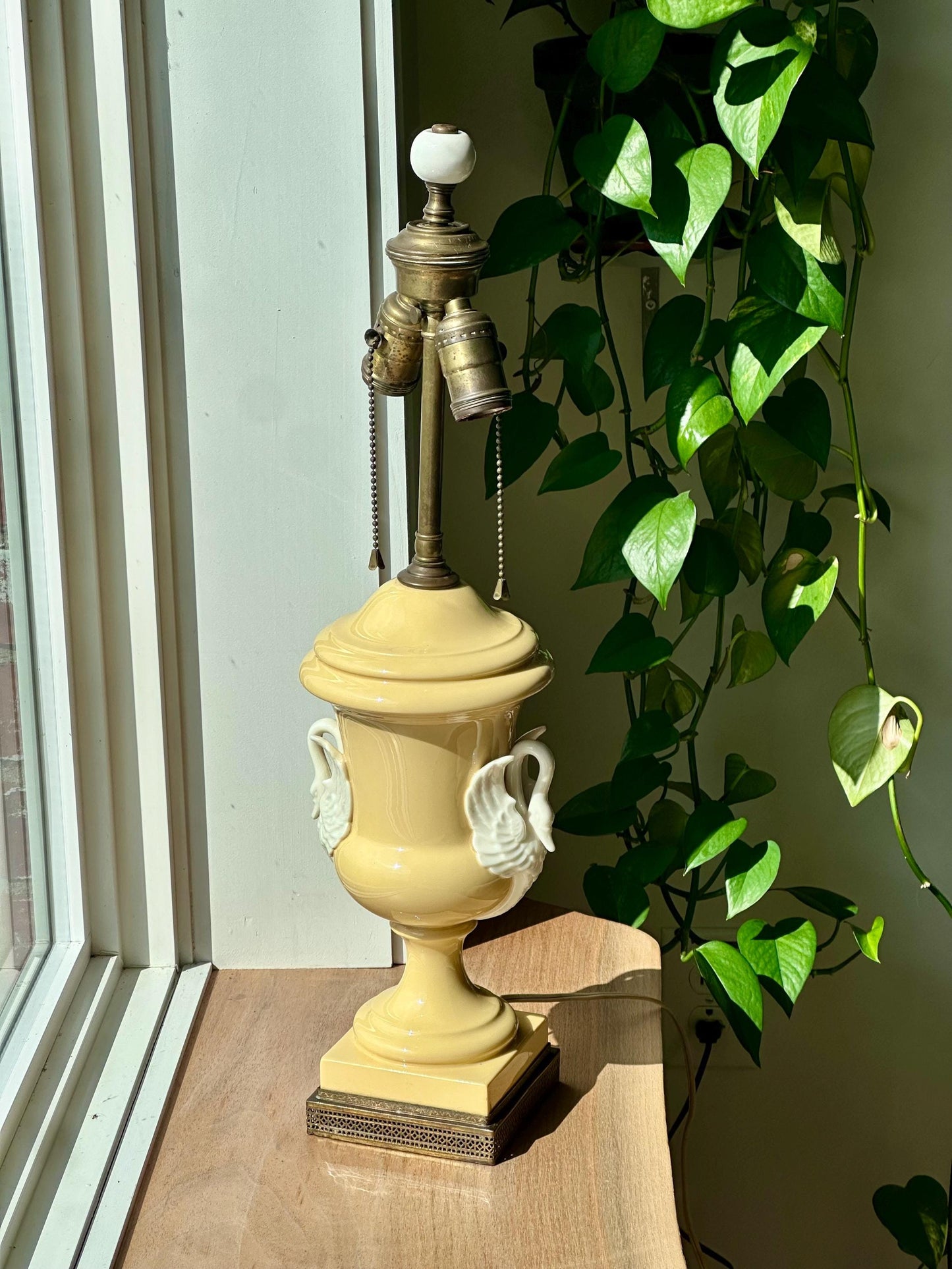 Antique French Porcelain Swan Handle Lamp – Pale Yellow Urn Table Lamp with Shade & Ornate Brass Base