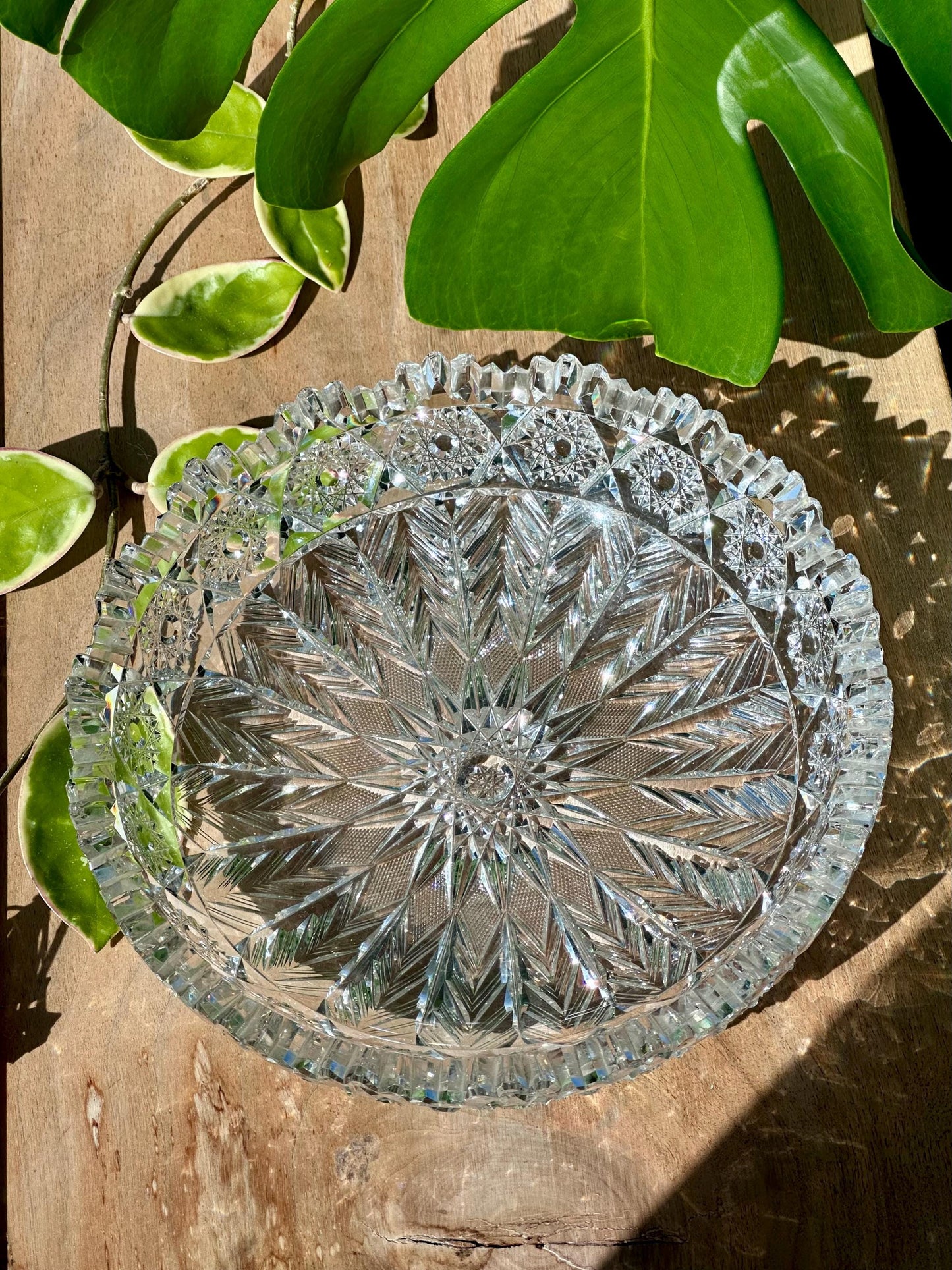 antique american brilliant cut glass bowl sawtooth rim starburst pattern abp crystal – vintage antique home decor from Mid Hudson Vintage