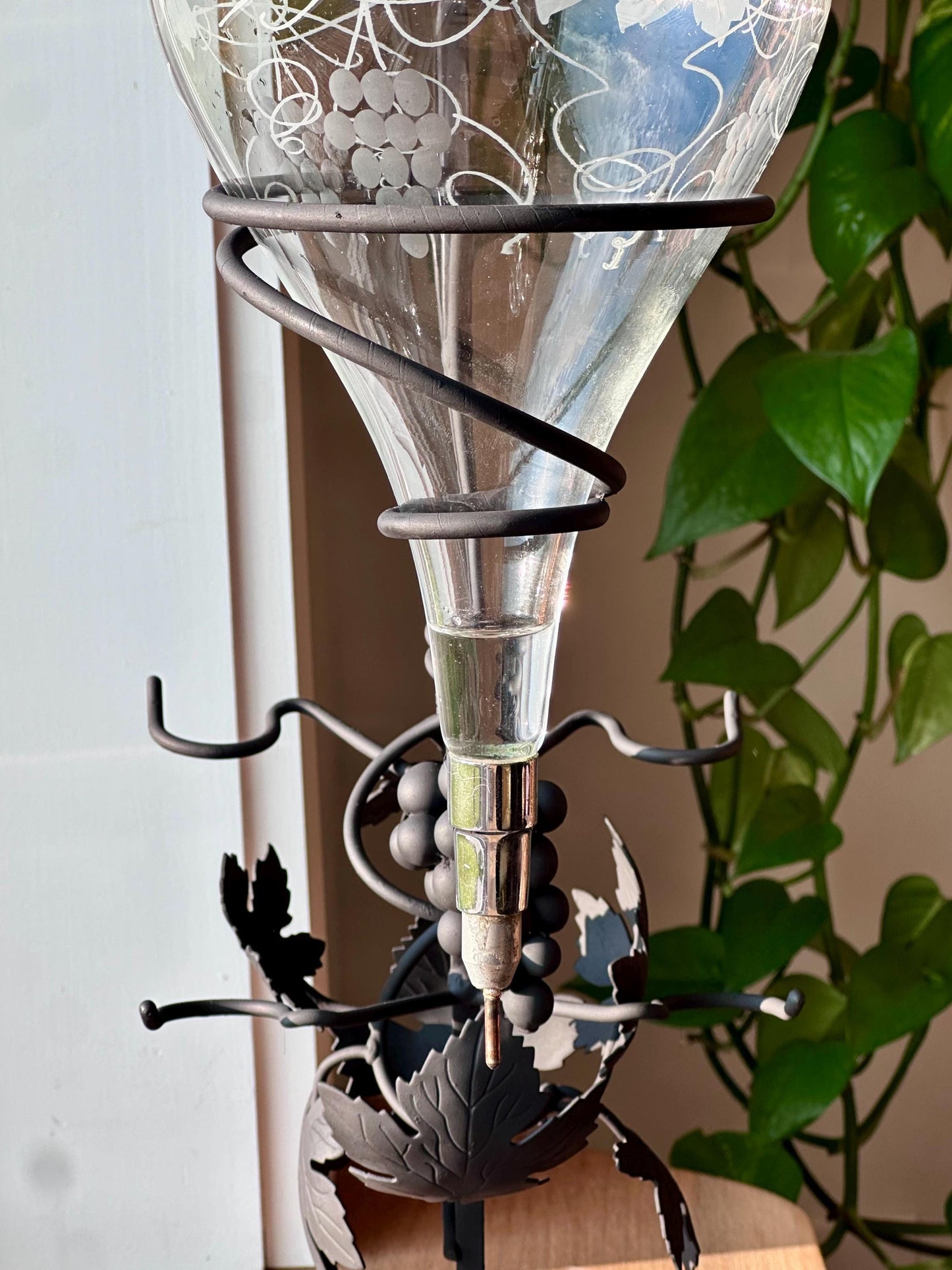 Vintage Wrought Iron Austrian Wine Decanter Set with Etched Glass and Hanging Crystal Glasses | Rustic Wine Dispenser