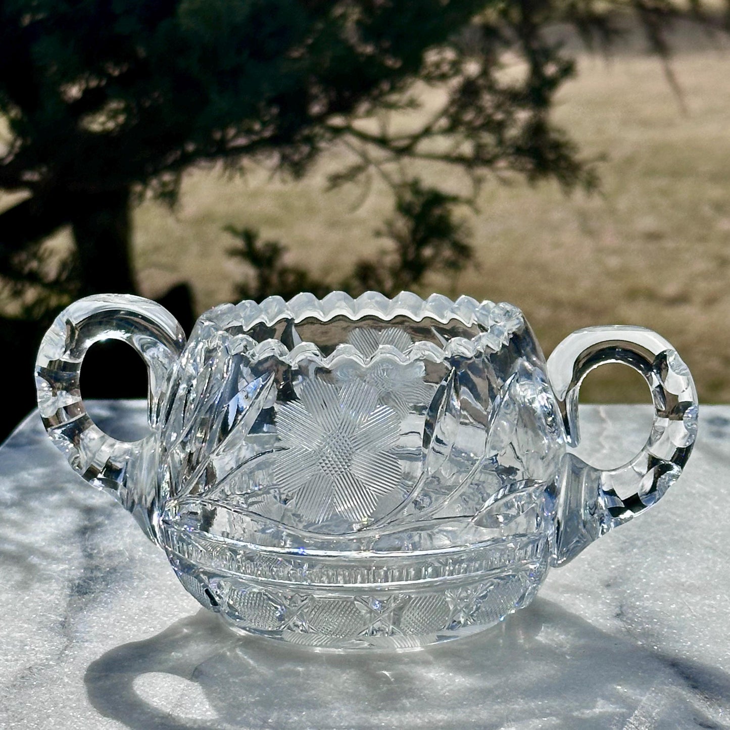 antique crystal creamer sugar bowl set american brilliant period floral cut pattern with starburst base – vintage antique home decor from Mid Hudson Vintage
