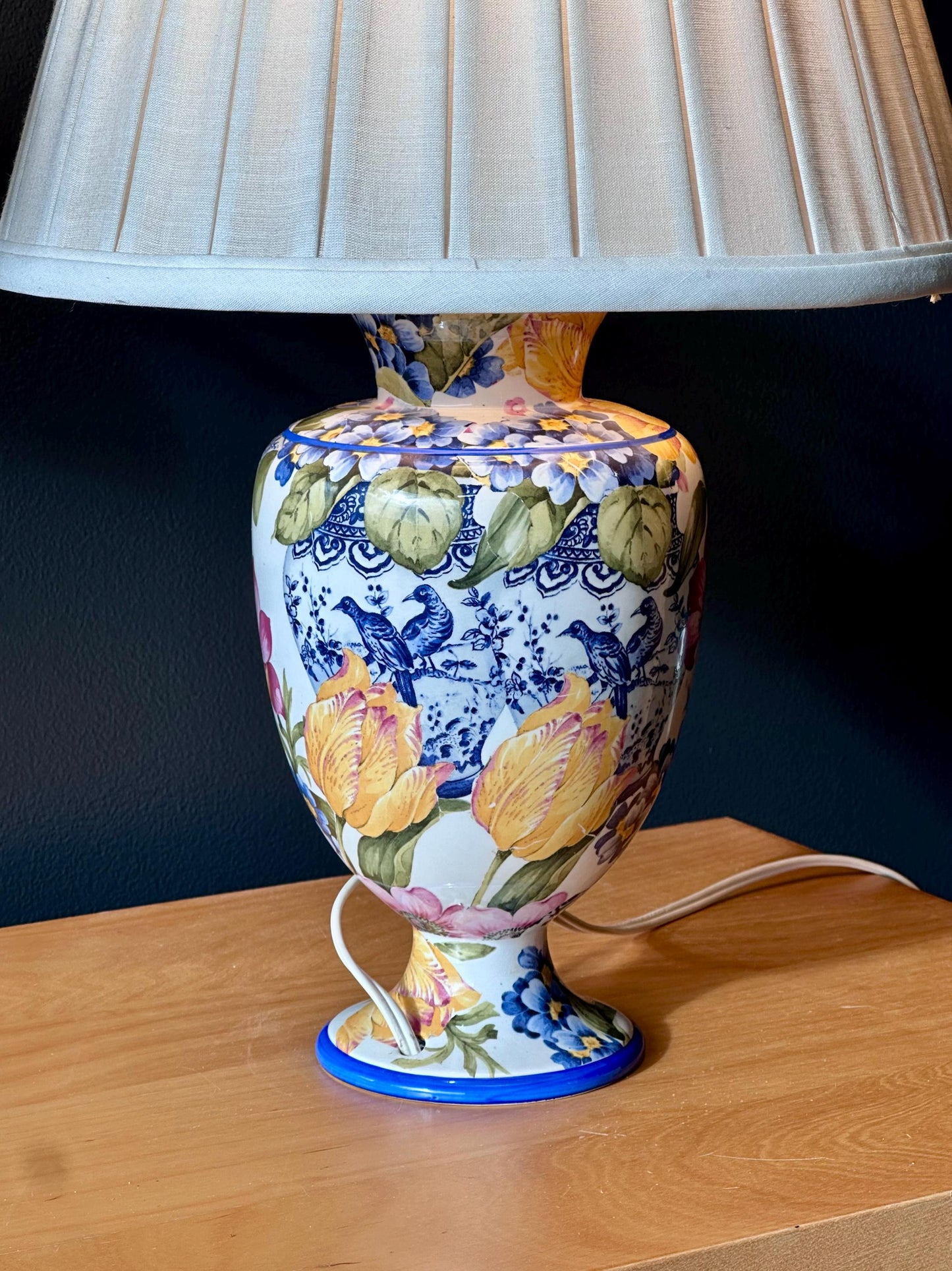 vintage italian floral ceramic table lamp with gracious home shade – vintage antique home decor from Mid Hudson Vintage
