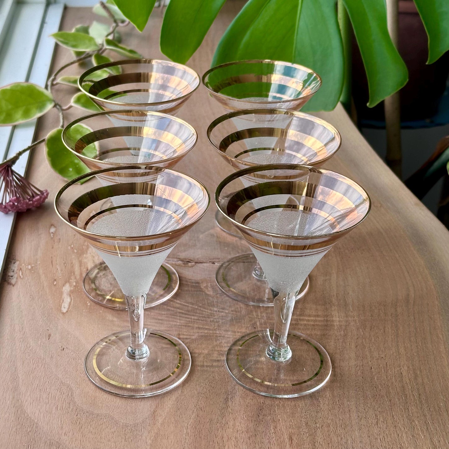 Vintage Art Deco Martini Glasses | Set of 6 | Frosted & Gold Band