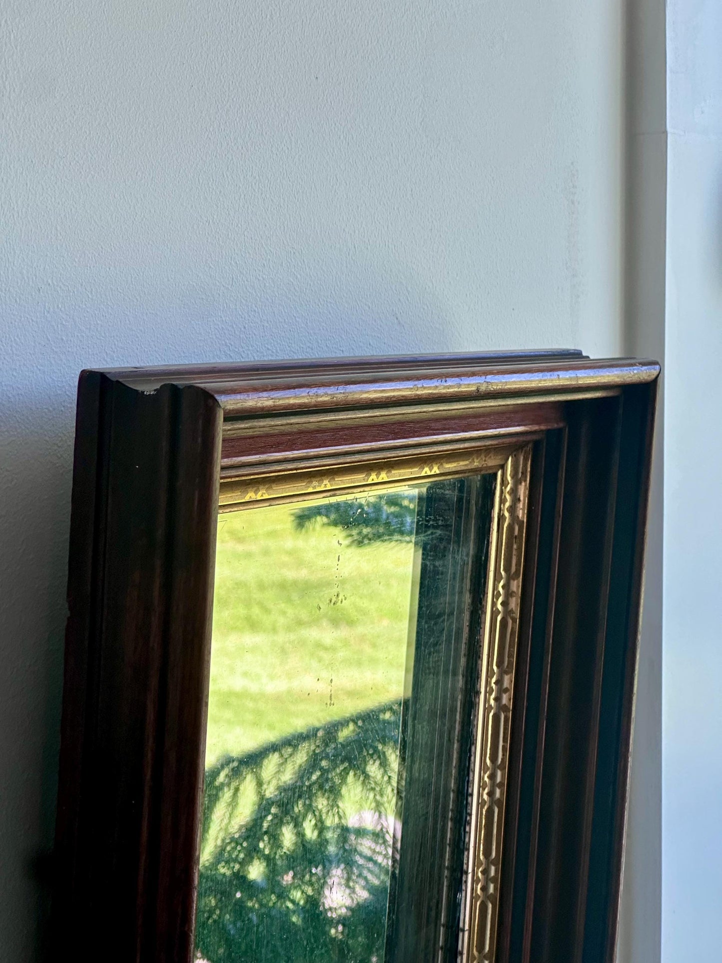 Antique Wall Mirror with Deep Wood Frame & Gilded Detailing | Late 19th Century Victorian Mirror | Thick Frame Beveled Edge Glass