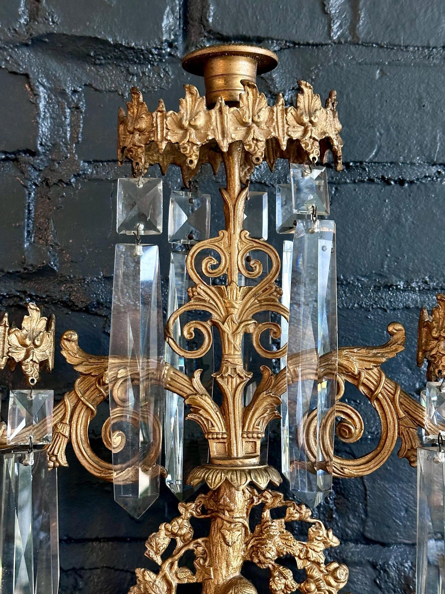 Antique Victorian/French Belle Epoque Three Piece Figural Cast Brass Girandole Candelabra Set w Prisms