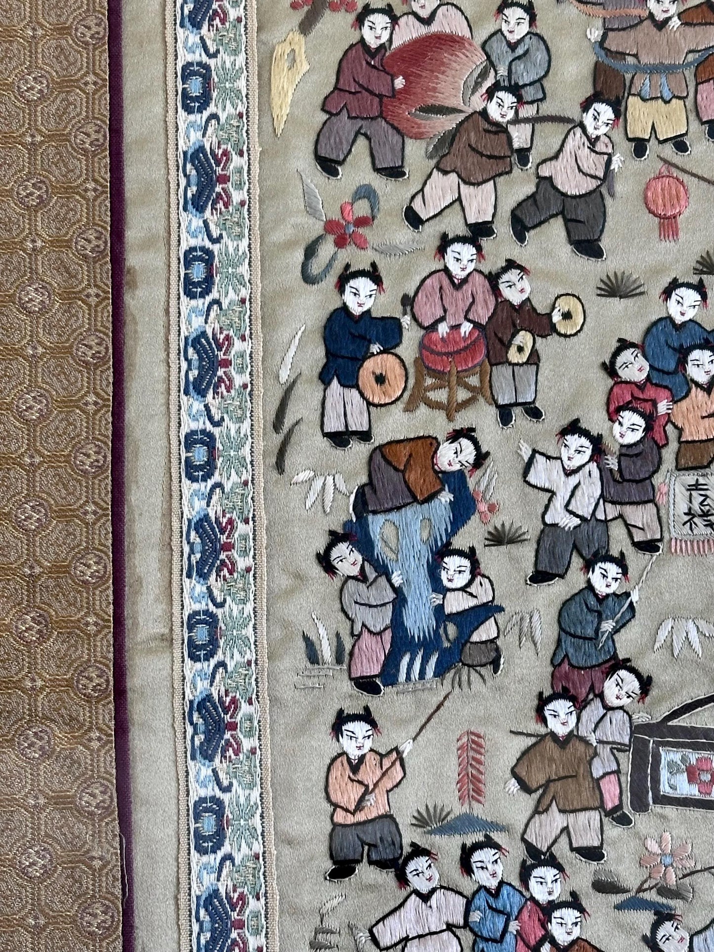 Antique Chinese Embroidery – Framed Silk Textile Art – 100 Children Celebration Scene