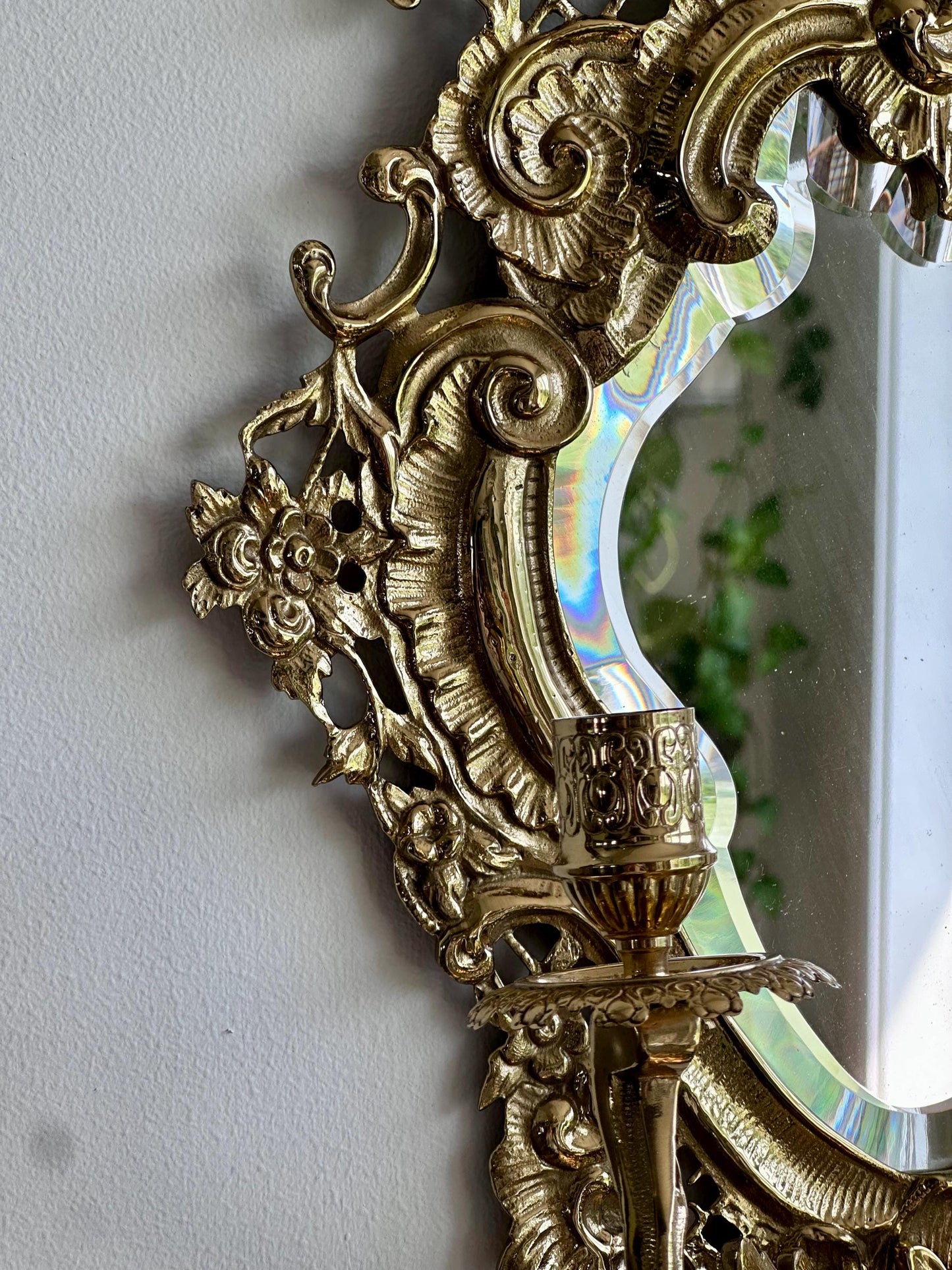 Pair of Vintage Ornate Gilded Brass Wall Sconces with Beveled Mirrors and Candle Holders – Rococo Hollywood Regency Style