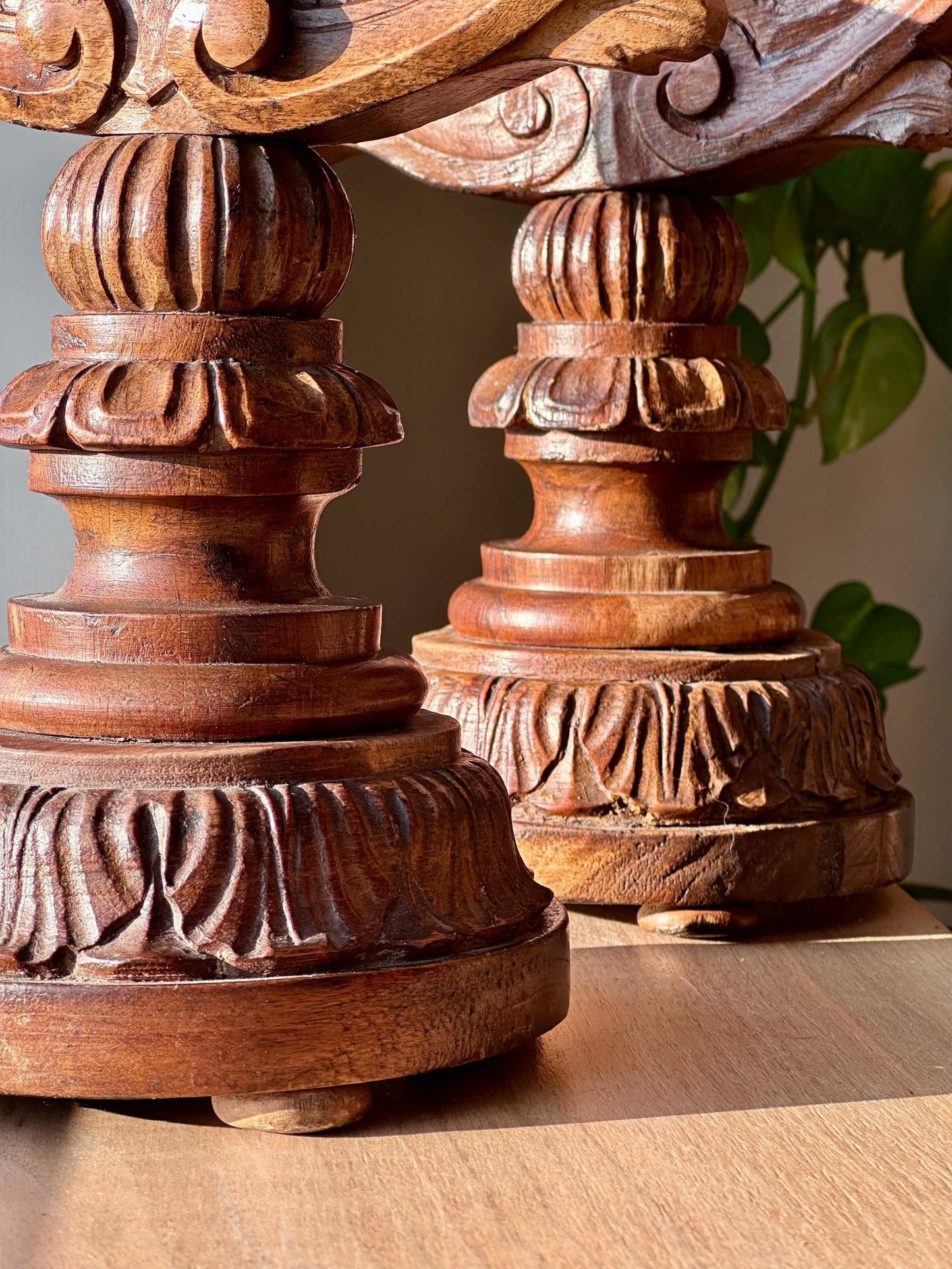 Antique Hand-Carved Wooden Candelabra Candlestick Holders – Ornate Pair with Three-Light Arms