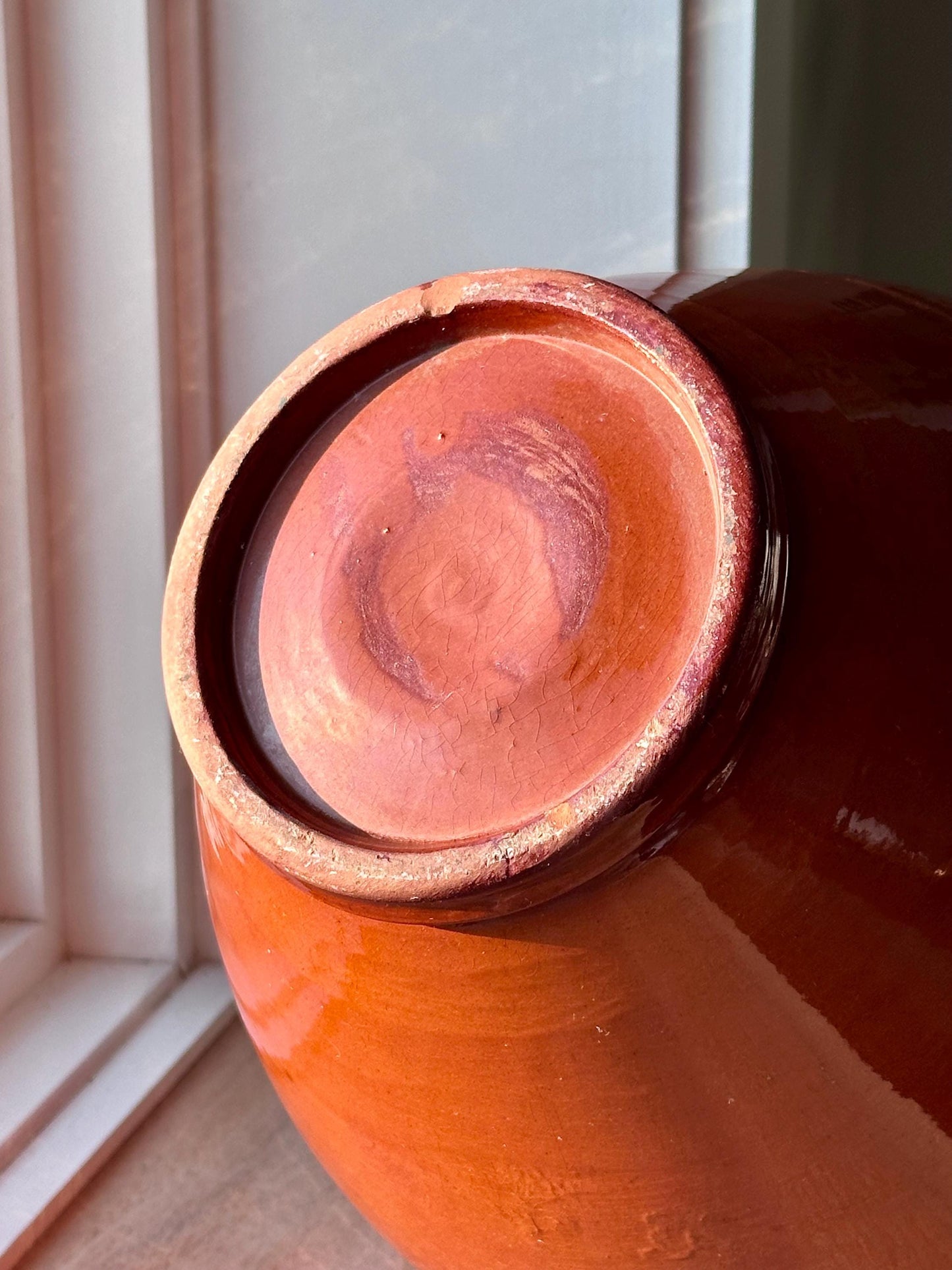 Large Vintage Redware Pitcher – Drip Glaze Handle Jug