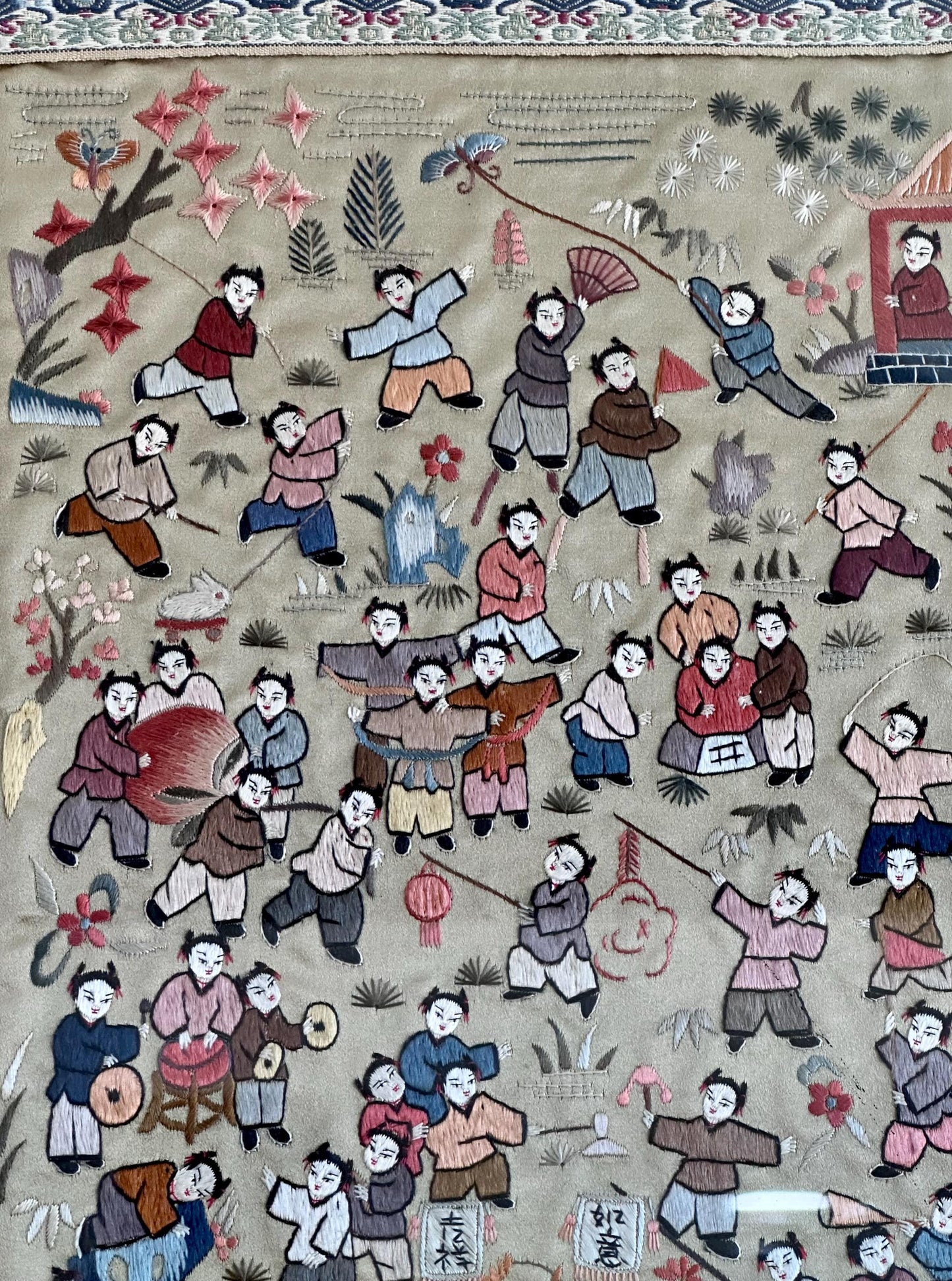 Antique Chinese Embroidery – Framed Silk Textile Art – 100 Children Celebration Scene