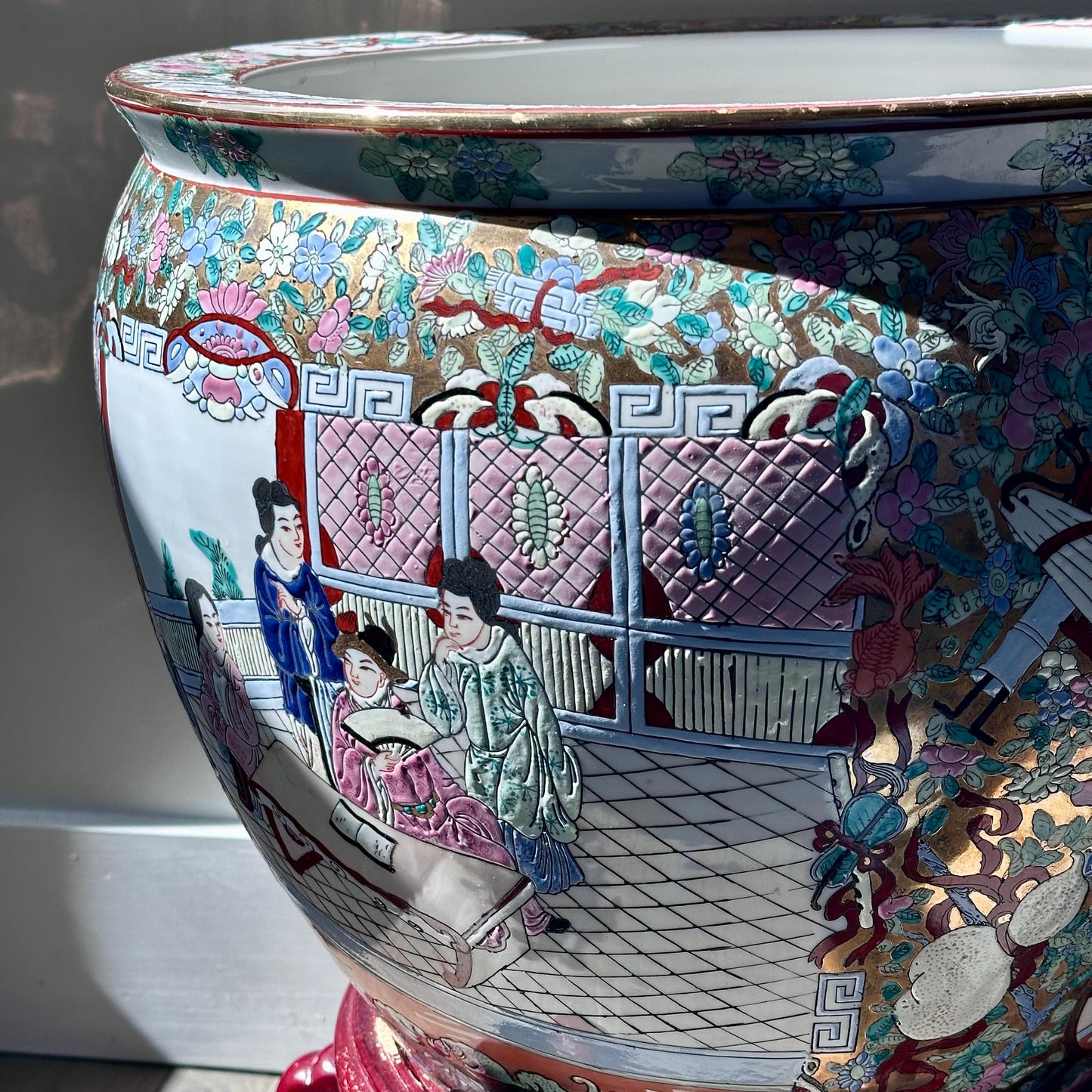 Large Hand-Painted Chinese Fishbowl Planter with Stand – Famille Rose Style