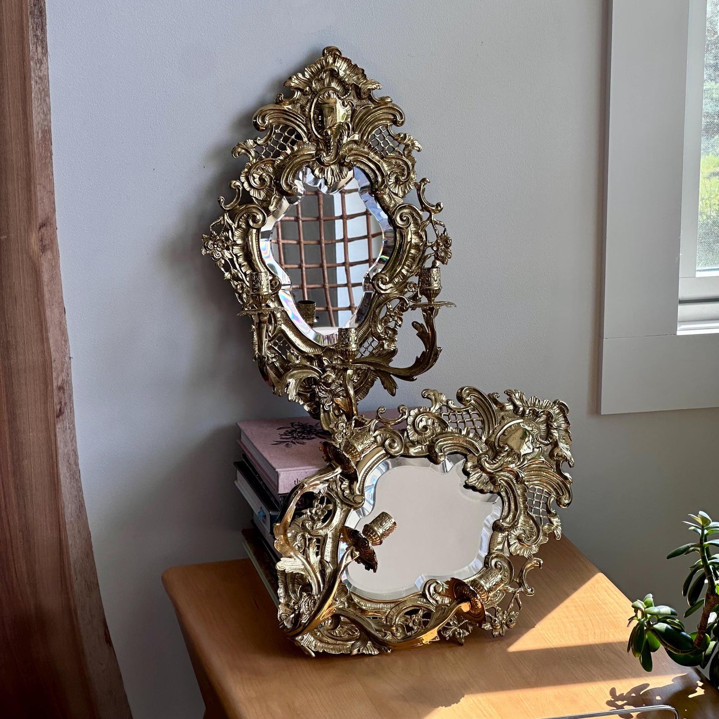 Pair of Vintage Ornate Gilded Brass Wall Sconces with Beveled Mirrors and Candle Holders – Rococo Hollywood Regency Style
