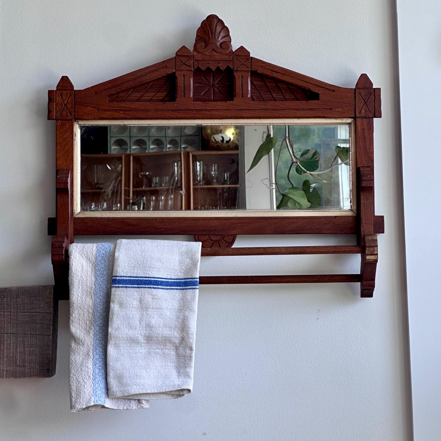 Antique Eastlake-Style Wall Mirror with Towel Bar