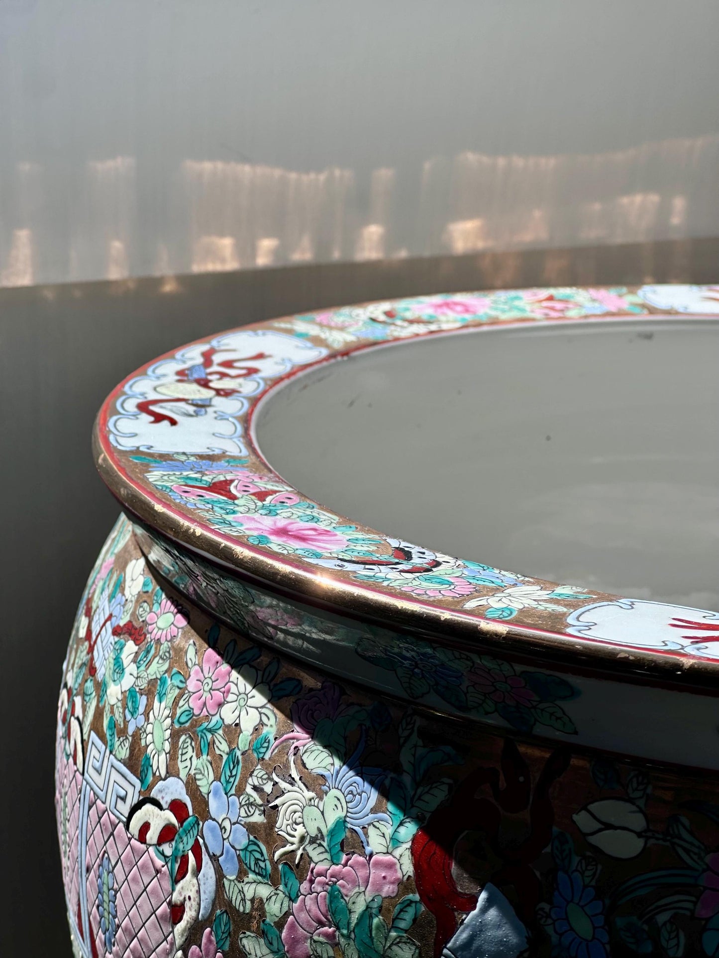Large Hand-Painted Chinese Fishbowl Planter with Stand – Famille Rose Style