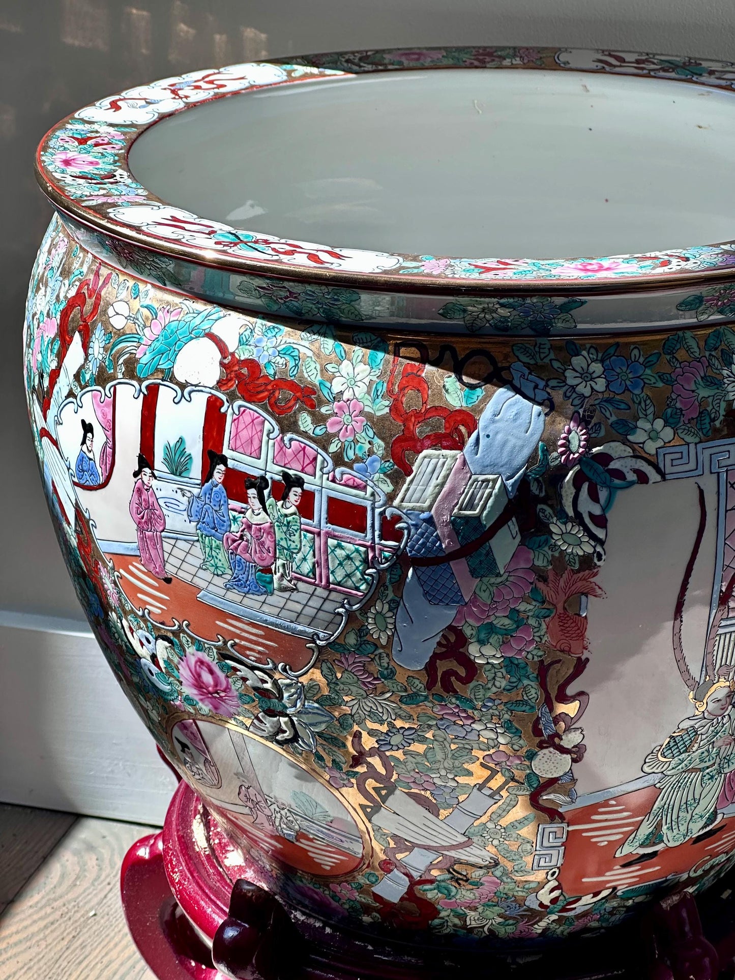 Large Hand-Painted Chinese Fishbowl Planter with Stand – Famille Rose Style