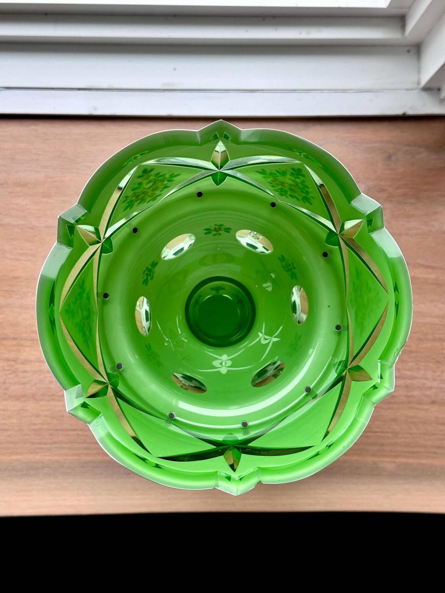 Vintage Czech Bohemian White Cut To Green Glass Mantle Luster with Enameled Flowers and Prisms