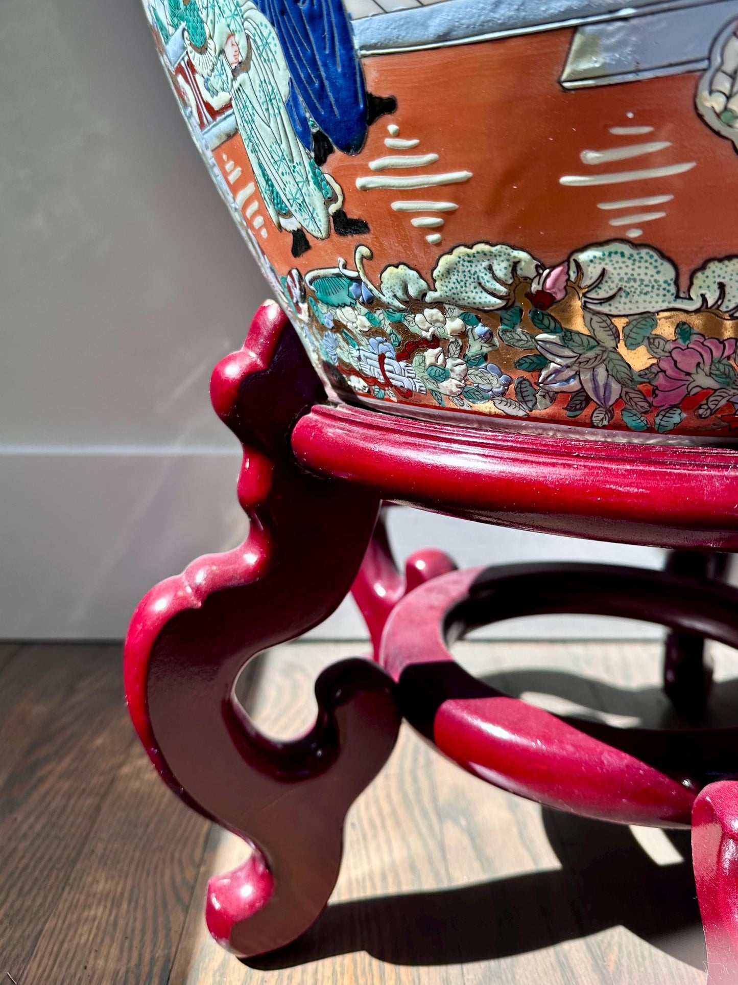 Large Hand-Painted Chinese Fishbowl Planter with Stand – Famille Rose Style