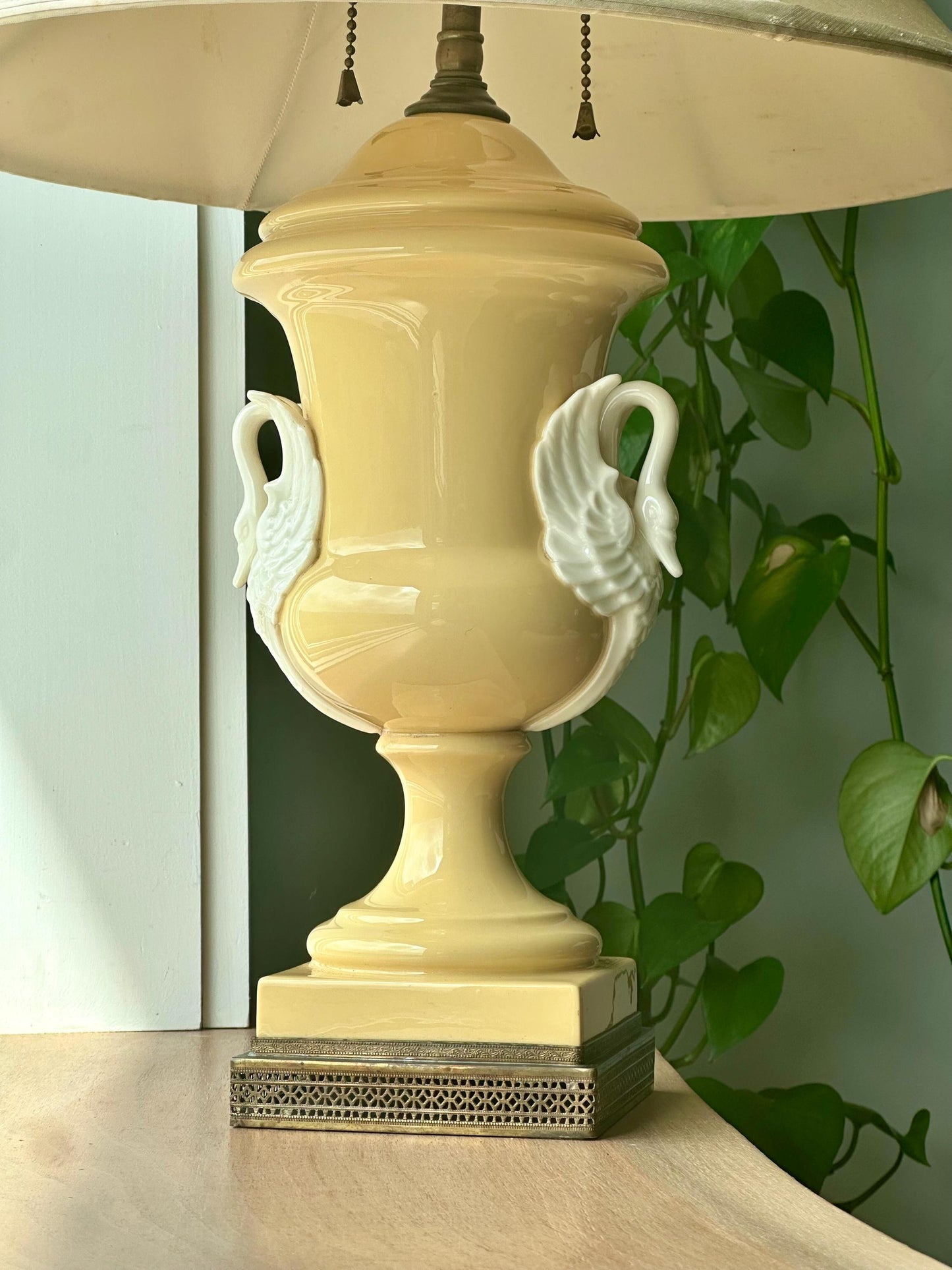 Antique French Porcelain Swan Handle Lamp – Pale Yellow Urn Table Lamp with Shade & Ornate Brass Base