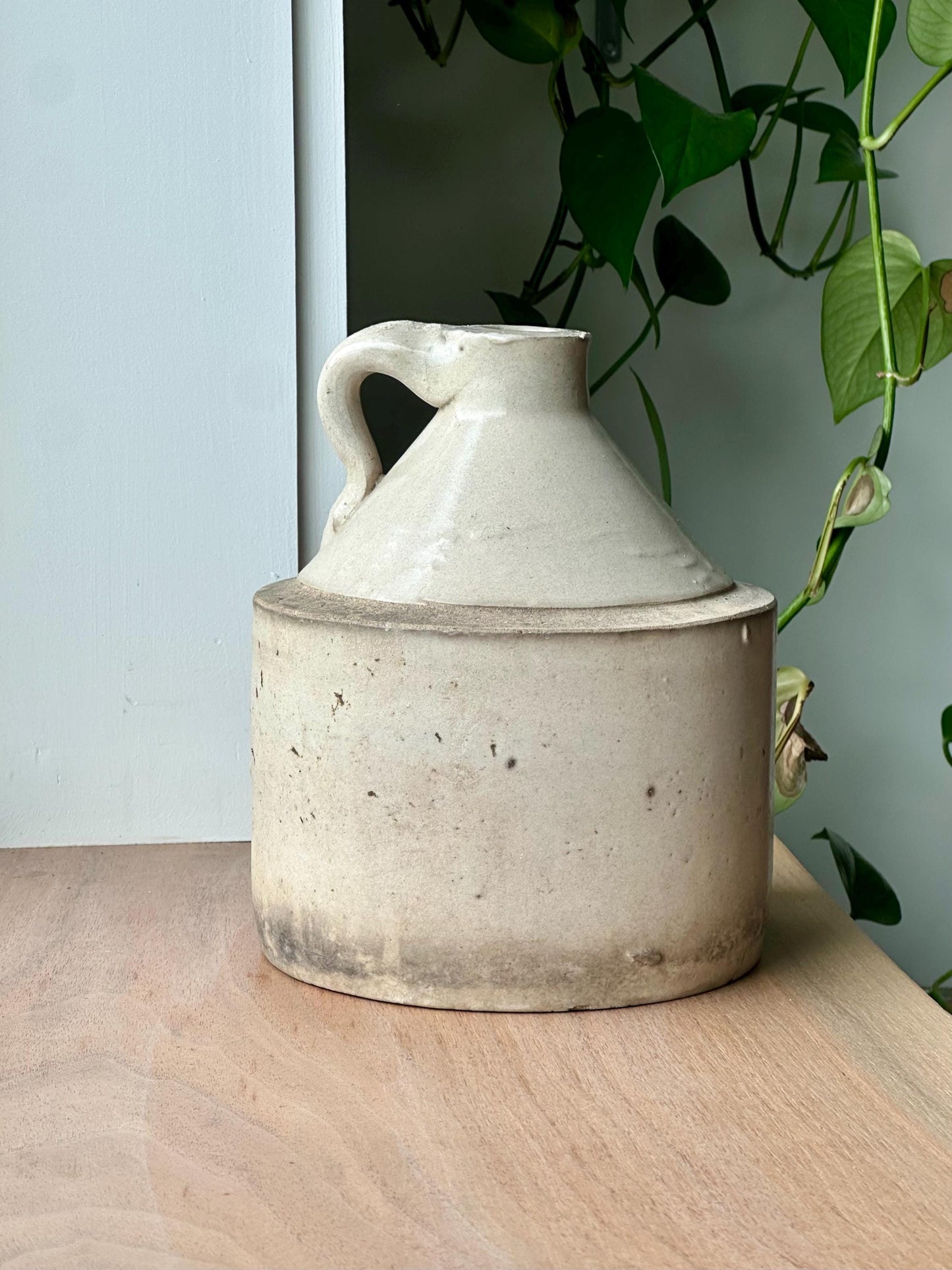 ntique Stoneware Jug with Primitive Handle | Early American Whiskey or Molasses Jug | Rustic Farmhouse Crock Decor