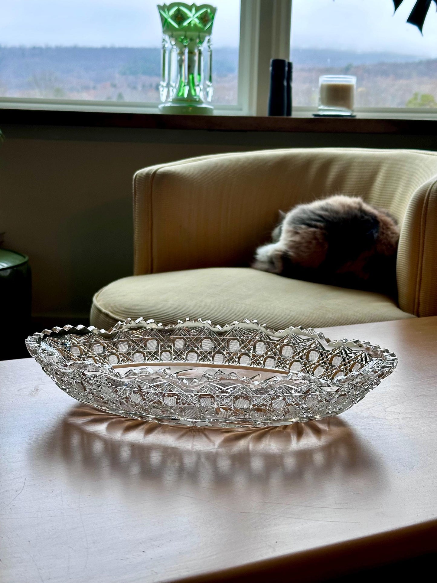 Antique American Brilliant Period Cut Glass Crystal Dish – 15" Long