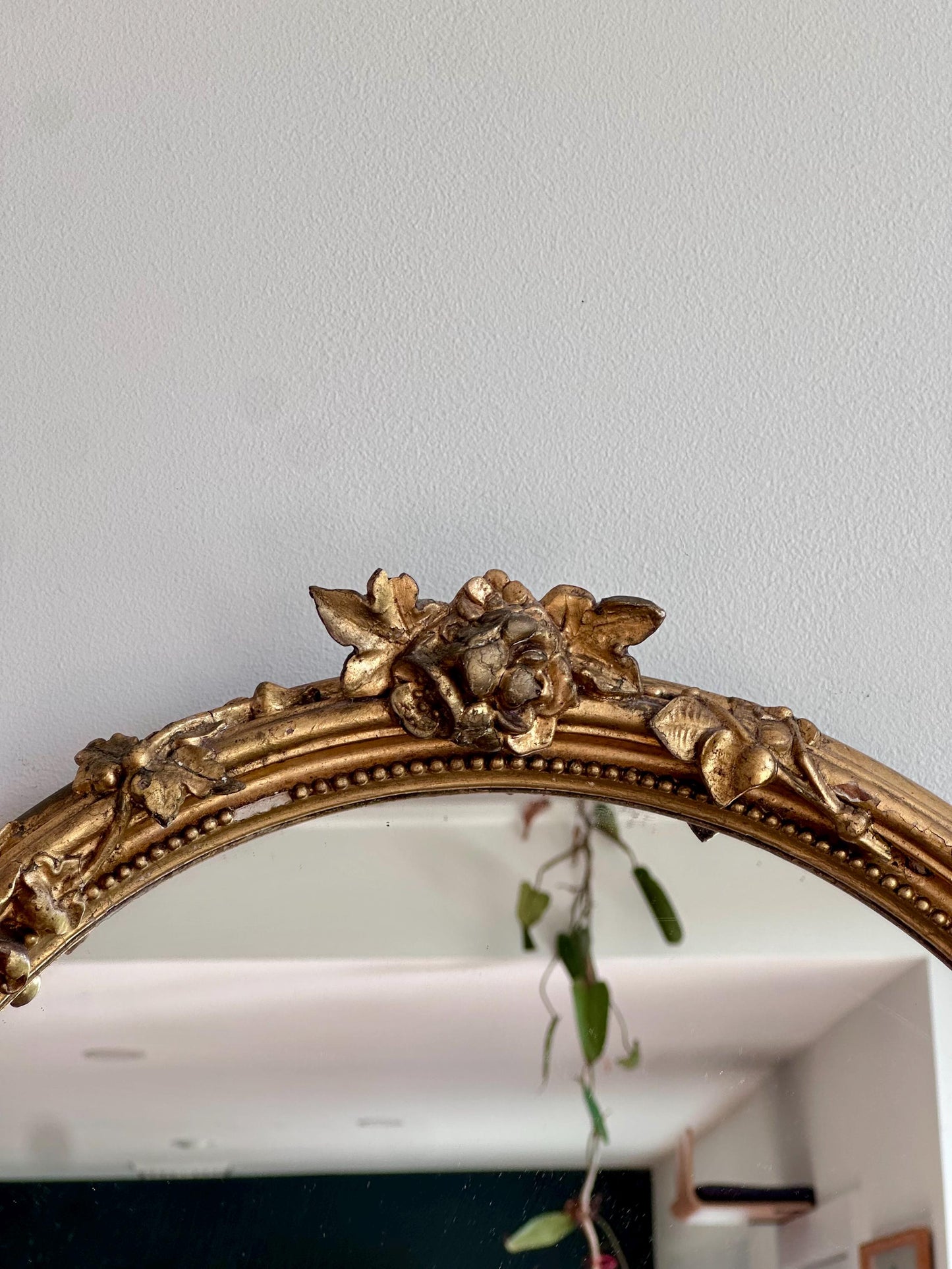 Antique Ornate Gilt Wood Mirror – Floral Carved Frame, Arched Top – French/Italian Design