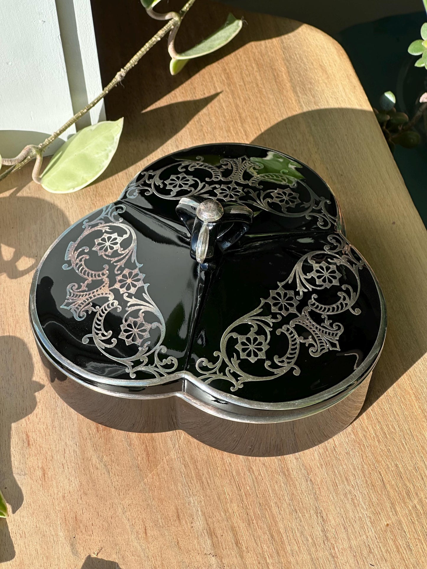 Vintage Art Deco Black Amethyst Glass Covered Candy Dish with Sterling Silver Overlay