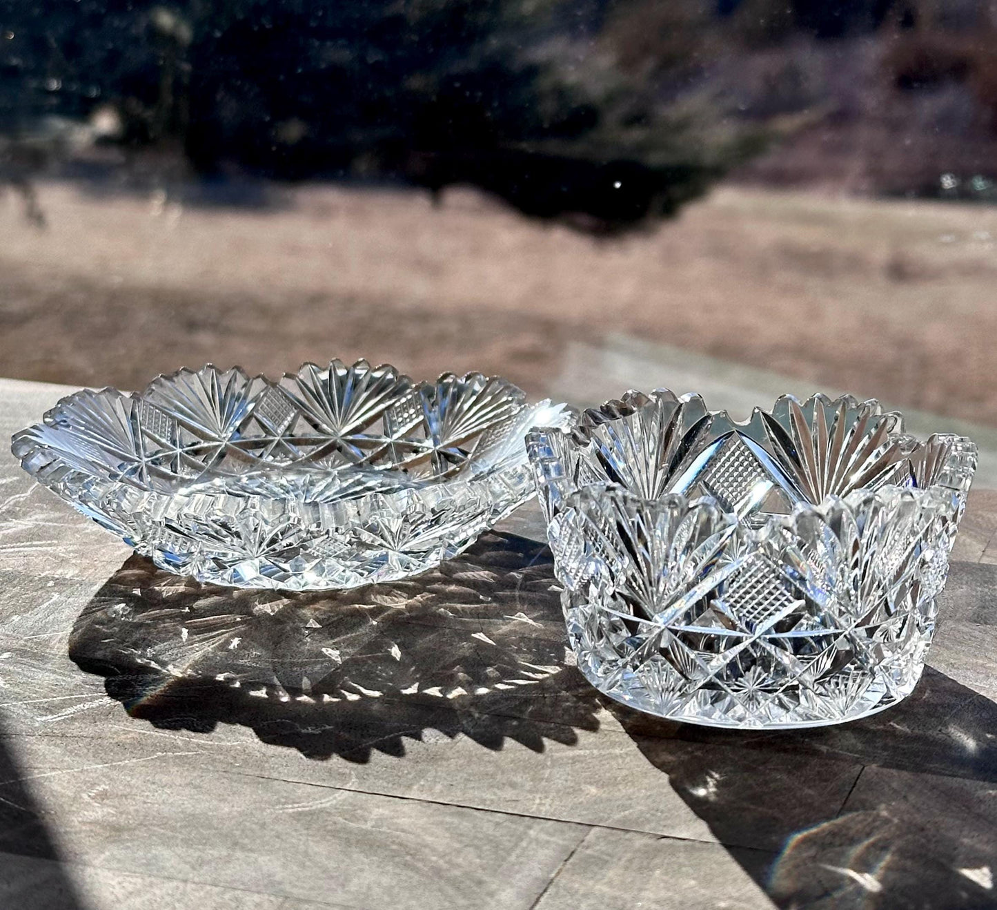 antique american brilliant period cut crystal bowl underplate set – vintage antique home decor from Mid Hudson Vintage