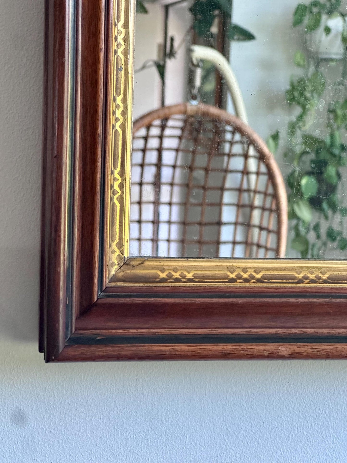 Antique Wall Mirror with Deep Wood Frame & Gilded Detailing | Late 19th Century Victorian Mirror | Thick Frame Beveled Edge Glass