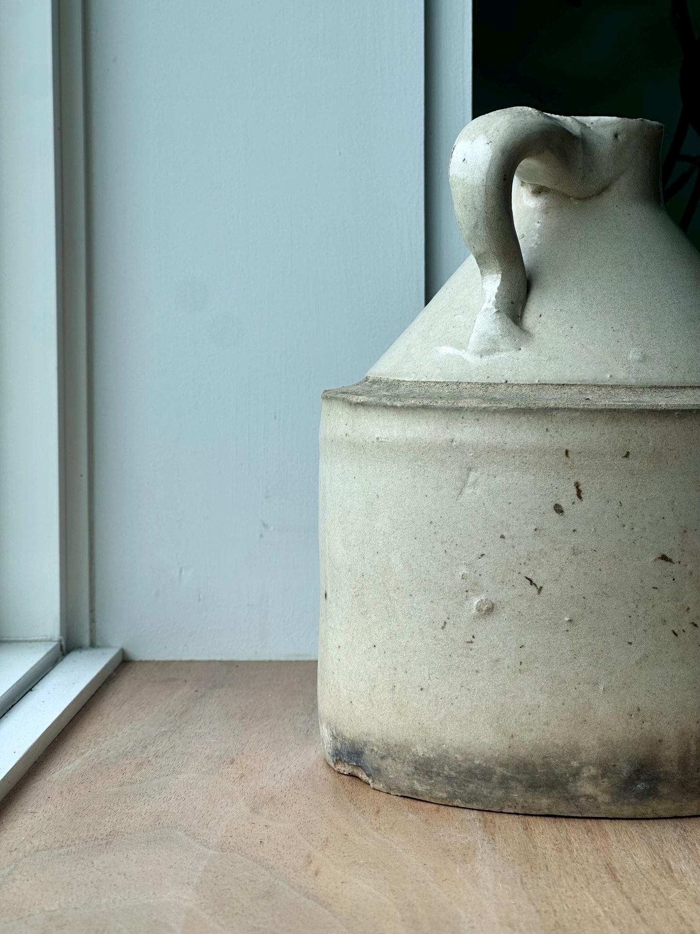 ntique Stoneware Jug with Primitive Handle | Early American Whiskey or Molasses Jug | Rustic Farmhouse Crock Decor