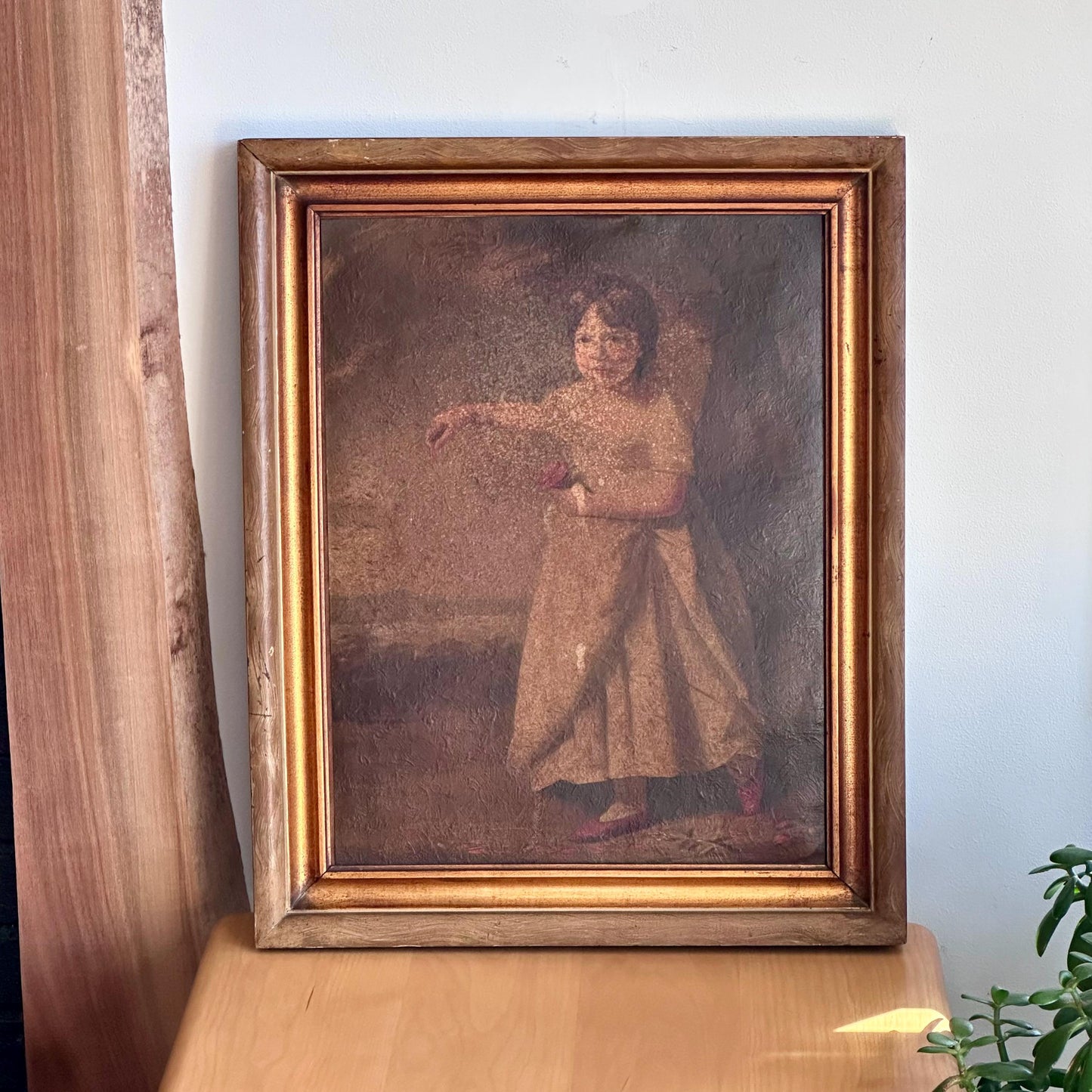 Antique Oil Painting "Child With Rose" – 19th Century Portrait in Gilt Frame – Style of Raeburn