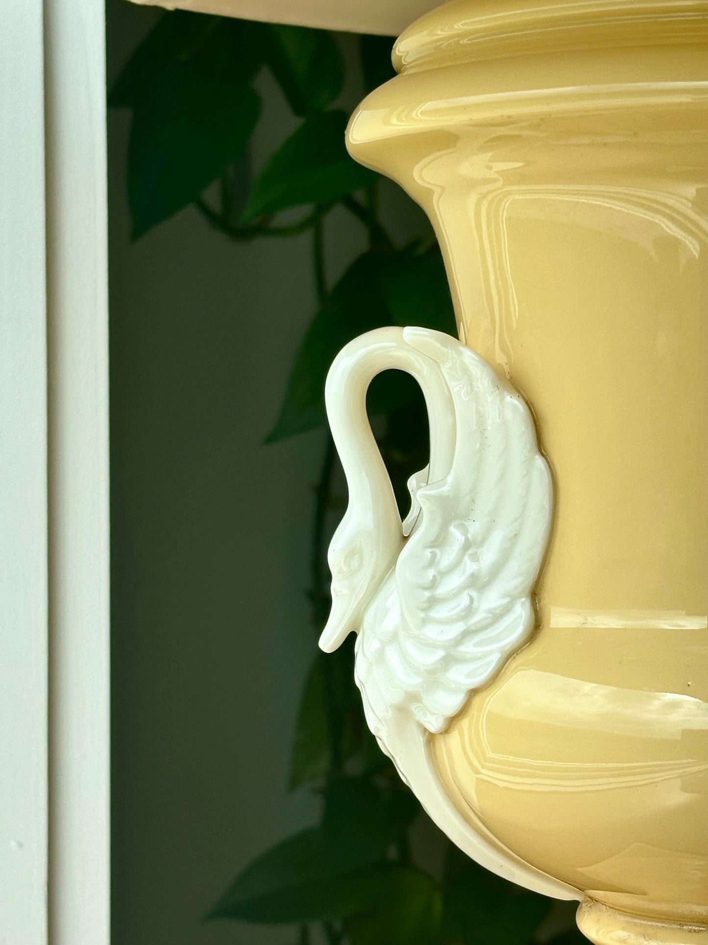 Antique French Porcelain Swan Handle Lamp – Pale Yellow Urn Table Lamp with Shade & Ornate Brass Base